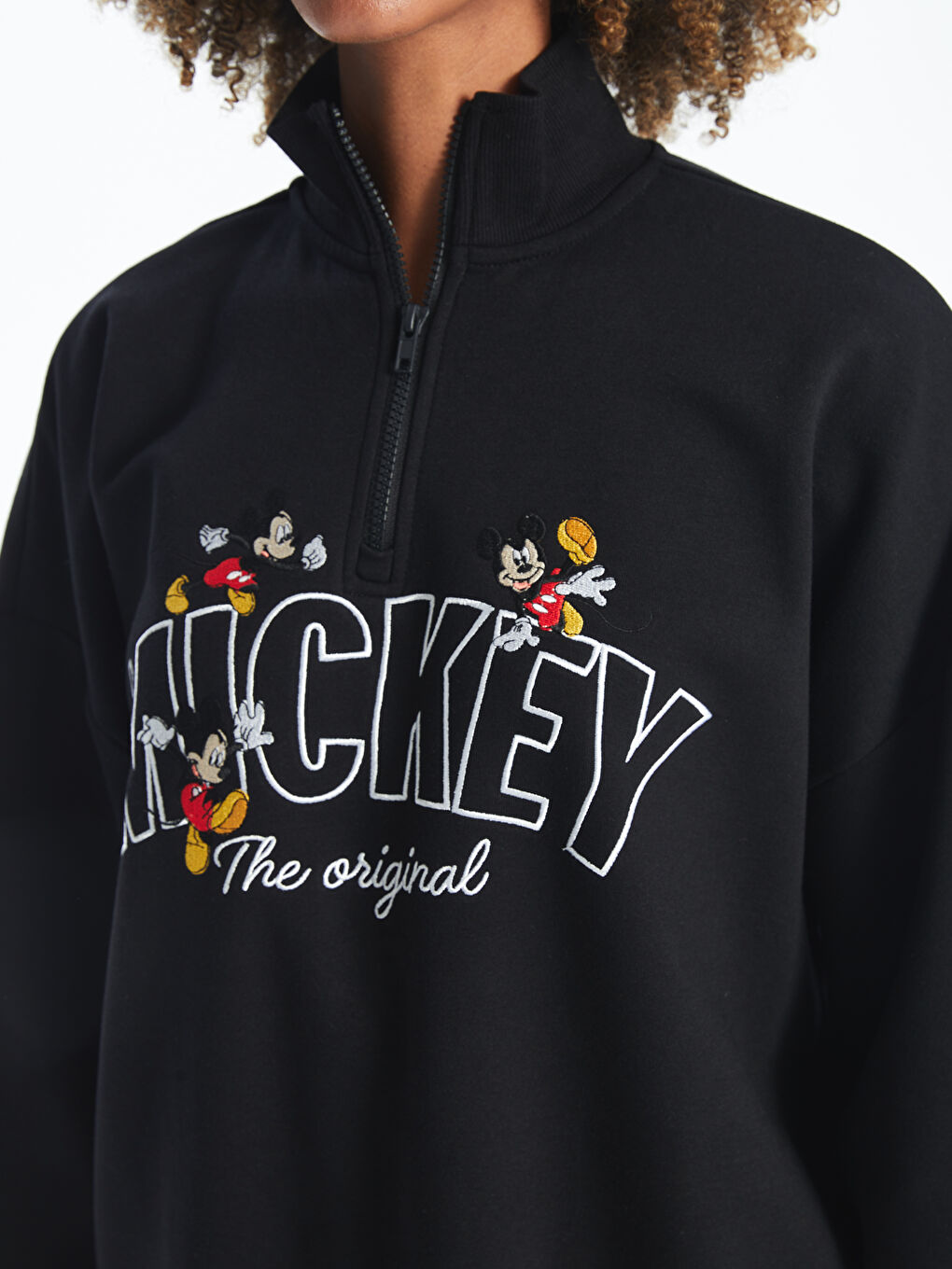 XSIDE Yeni Siyah Dik Yaka Mickey Mouse Baskılı Oversize Kadın Kalın Sweatshirt - 2