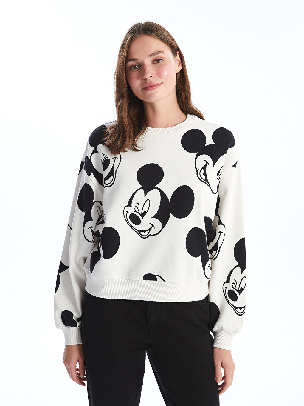 XSIDE Ekru Bisiklet Yaka Mickey Mouse Baskılı Kadın Kalın Sweatshirt