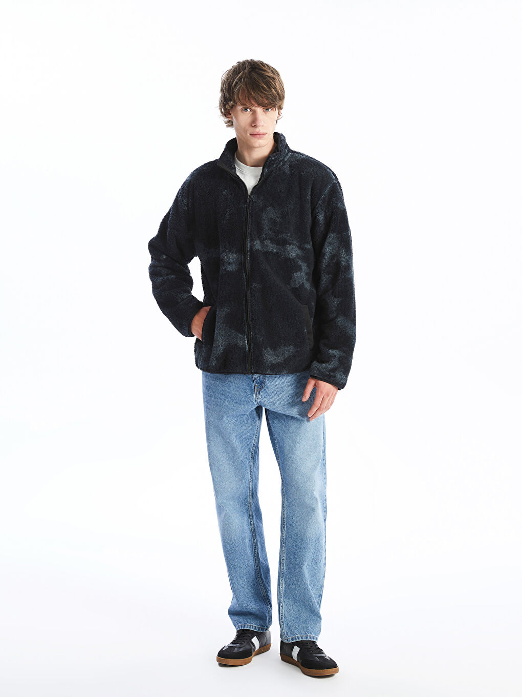 Antrasit Dik Yaka Uzun Kollu Pelüş Erkek Fermuarlı Sweatshirt-1