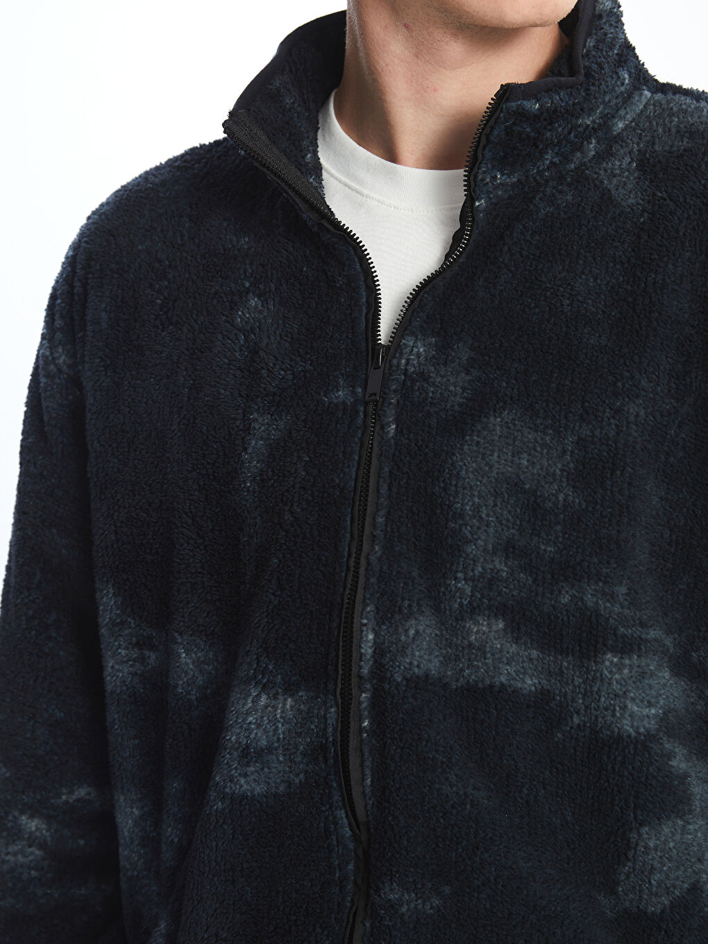 Antrasit Dik Yaka Uzun Kollu Pelüş Erkek Fermuarlı Sweatshirt-2