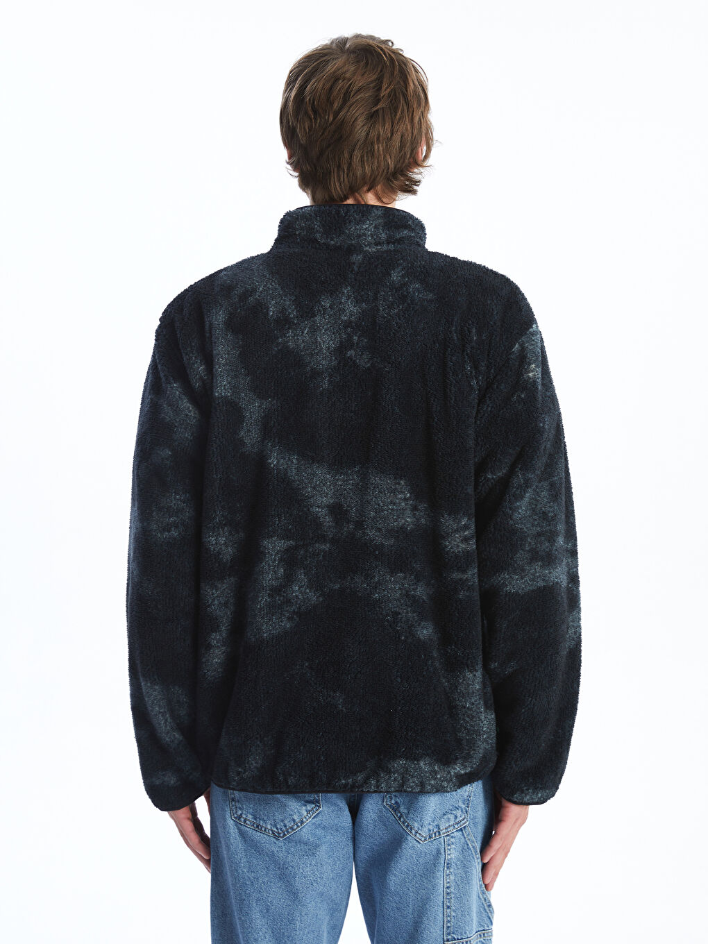 Antrasit Dik Yaka Uzun Kollu Pelüş Erkek Fermuarlı Sweatshirt-3