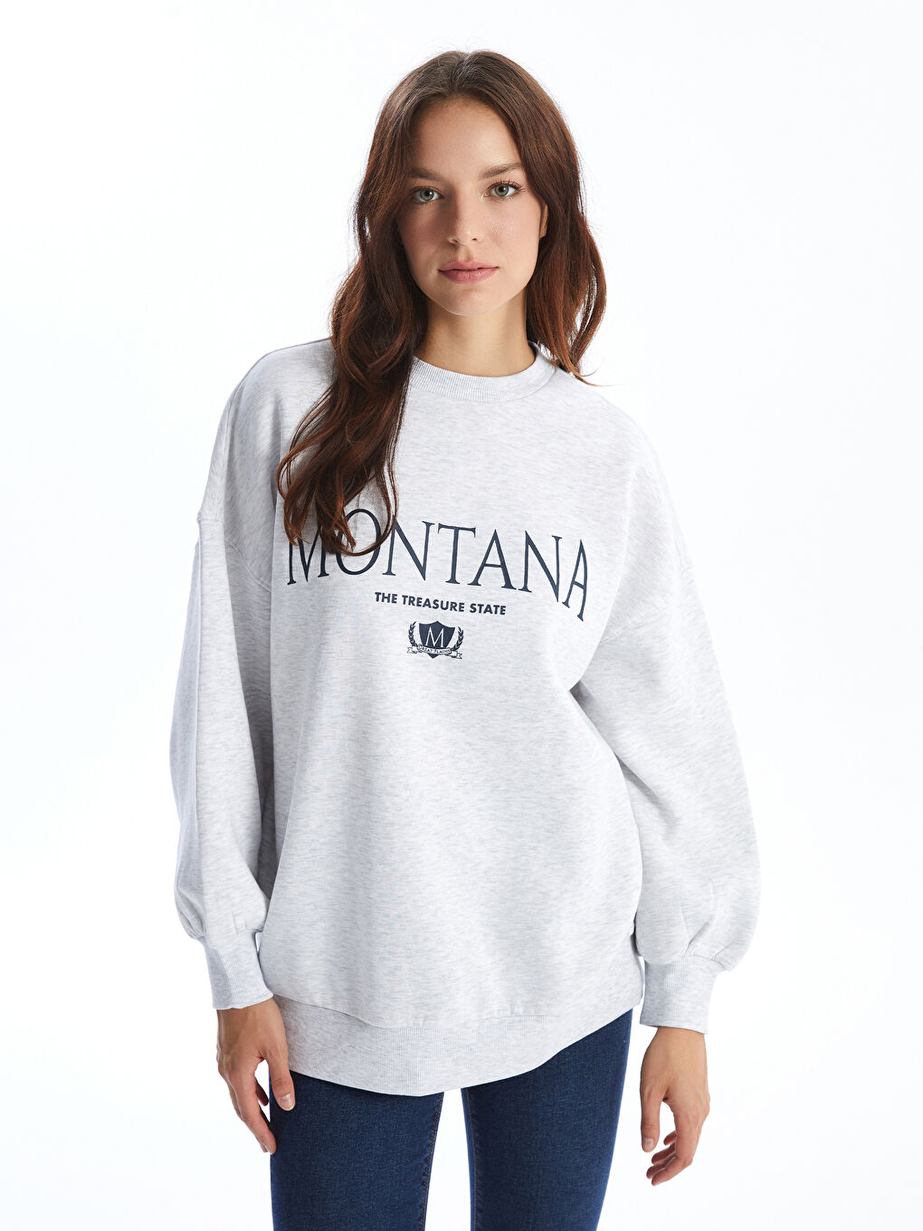 LCW Vision Gri Melanj Bisiklet Yaka Baskılı Oversize Kadın Sweatshirt