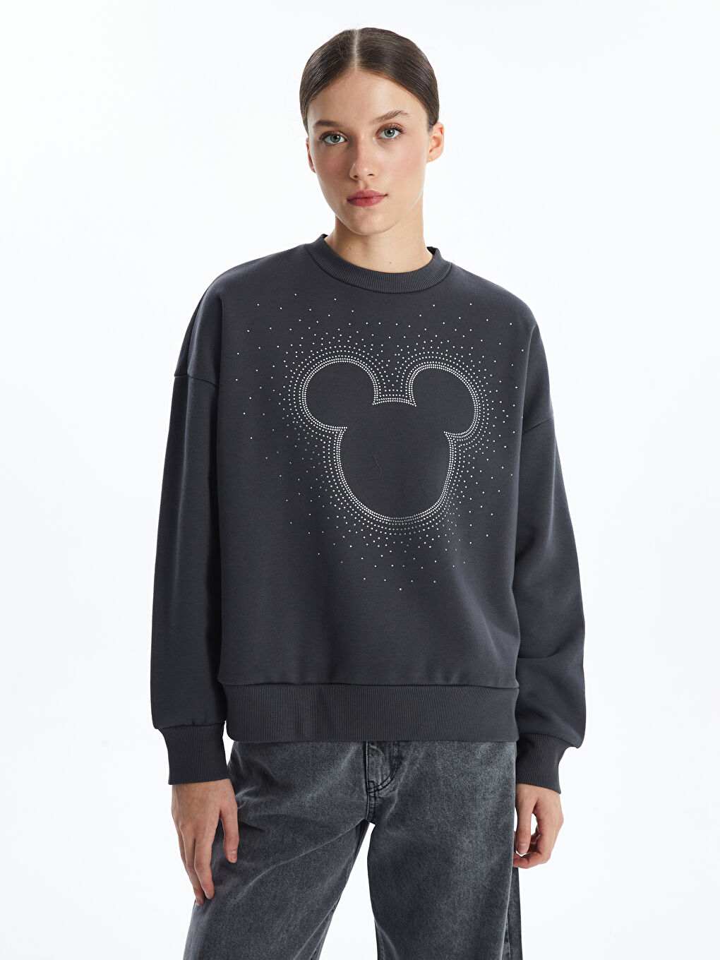 LCW Vision Antrasit Bisiklet Yaka Mickey Mouse Baskılı Oversize Kadın Kalın Sweatshirt