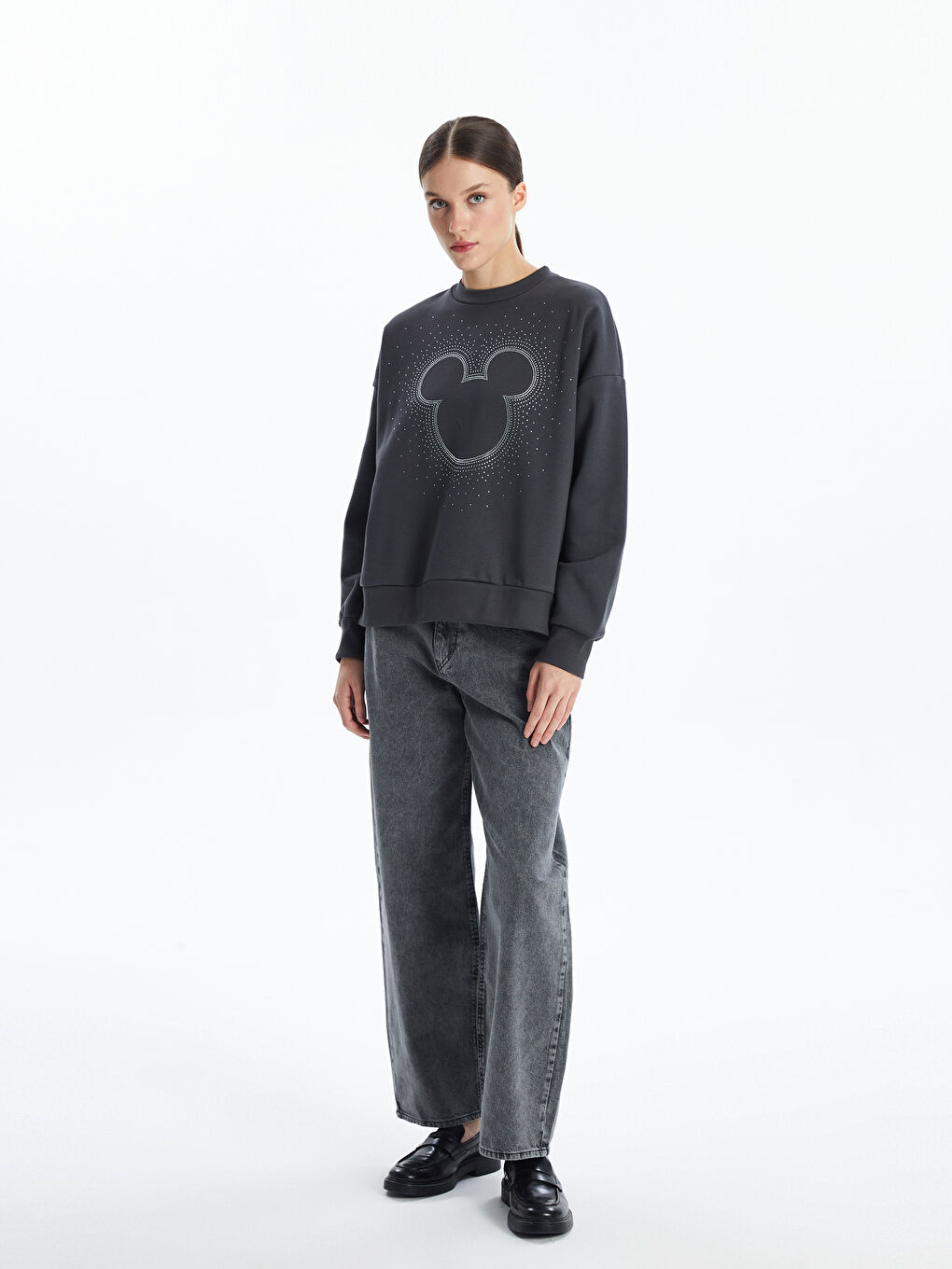 LCW Vision Antrasit Bisiklet Yaka Mickey Mouse Baskılı Oversize Kadın Kalın Sweatshirt - 1