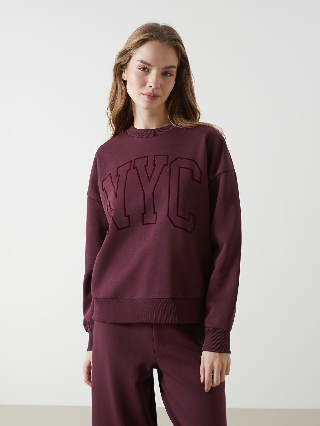 LCW Vision Mürdüm Bisiklet Yaka Baskılı Oversize Kadın Kalın Sweatshirt