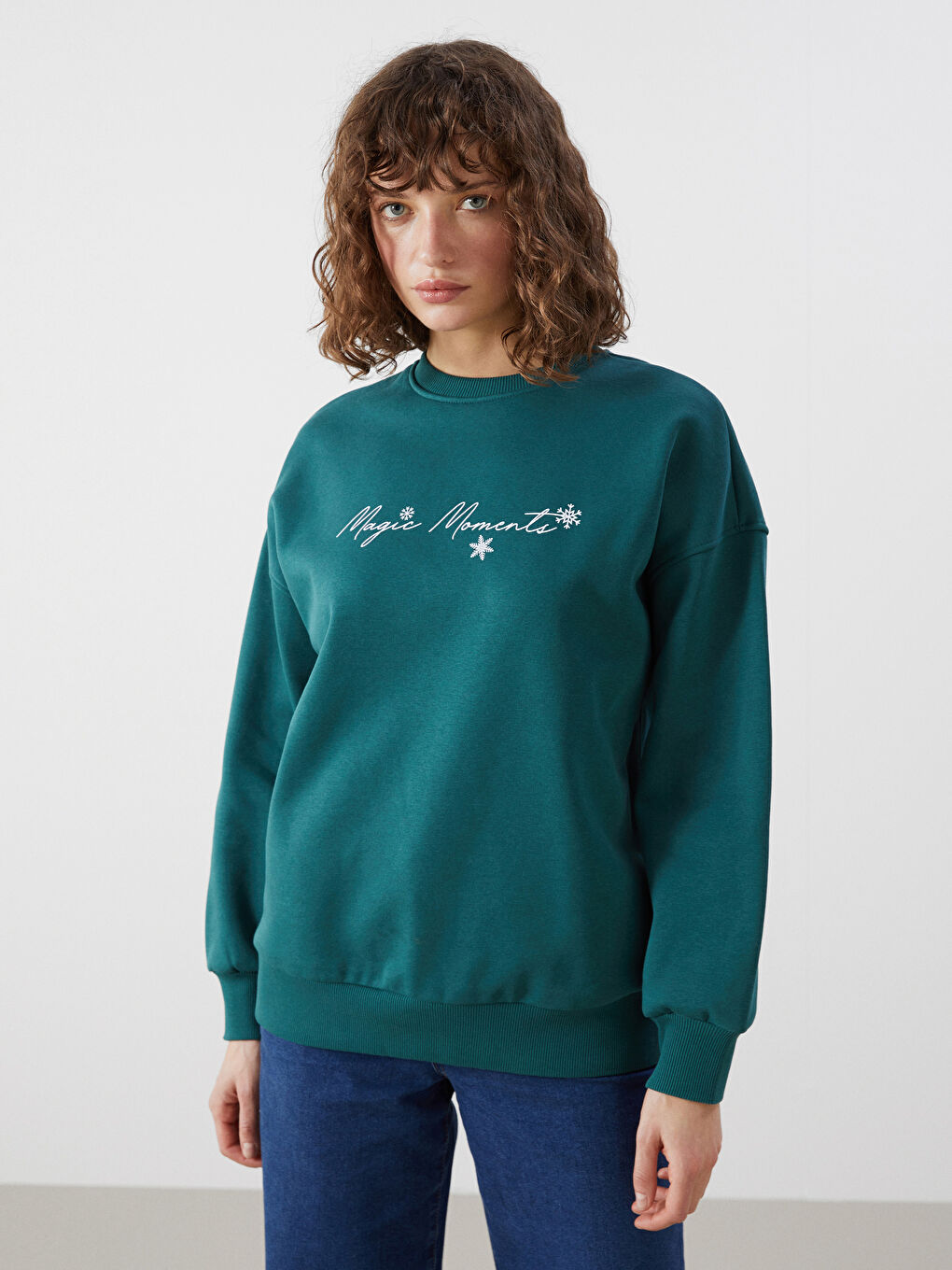 LCW Vision Yeşil Bisiklet Yaka Baskılı Oversize Kadın Kalın Sweatshirt