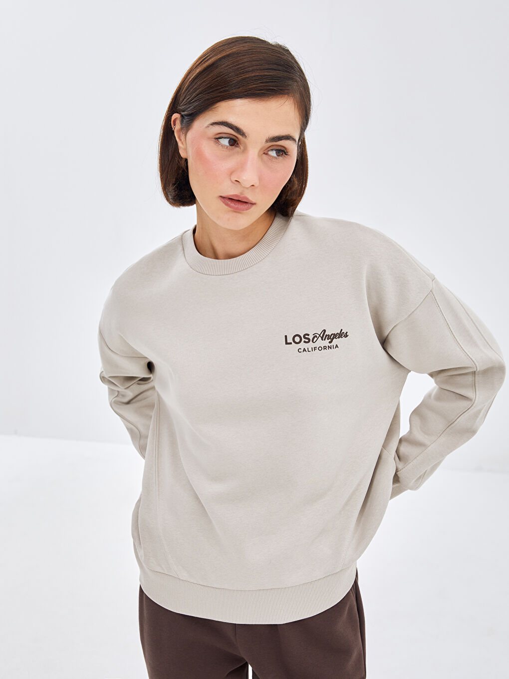 LCW Vision Gri Bisiklet Yaka Baskılı Oversize Kadın Kalın Sweatshirt