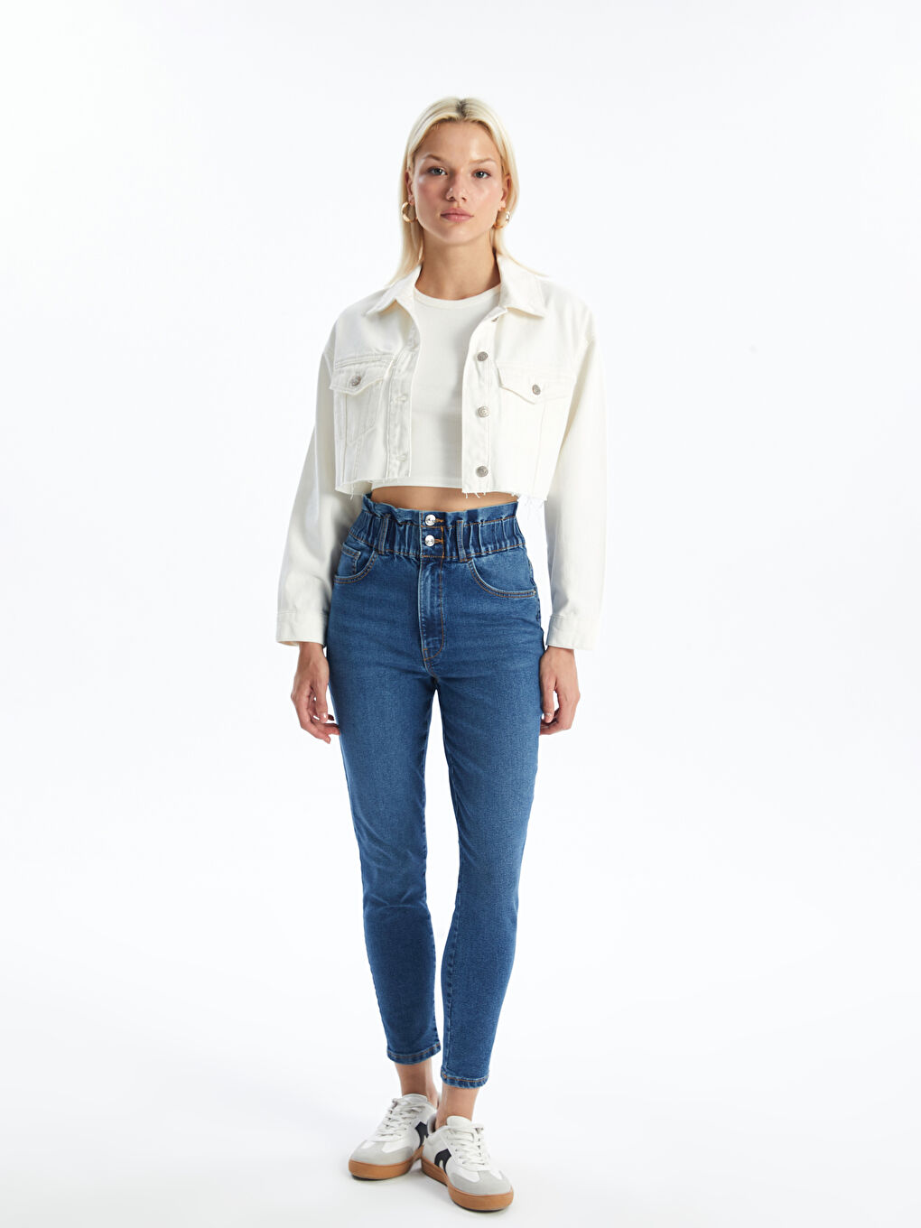 ელასტიური წელი სლიმ დედა ქალებისთვის ჯინსი