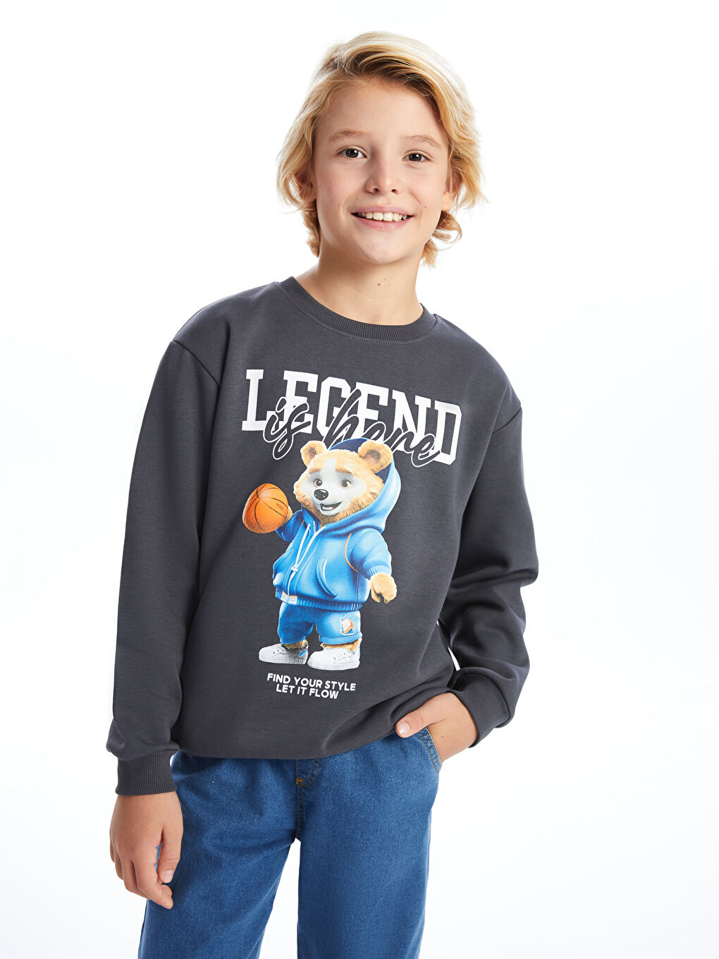 LCW Kids Antrasit Bisiklet Yaka Erkek Çocuk Kalın Sweatshirt