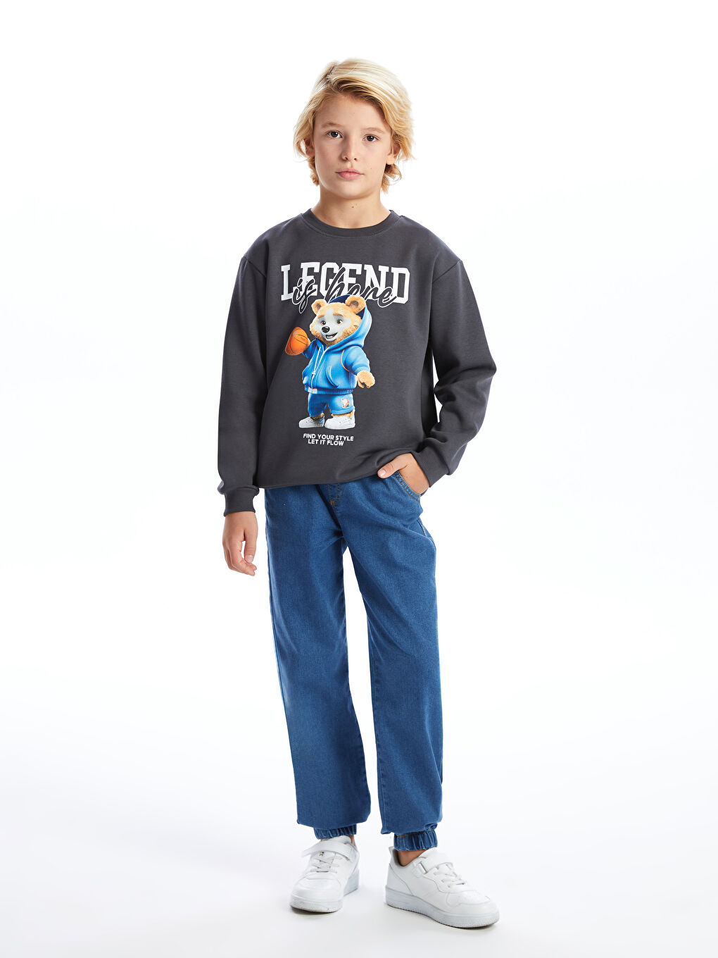 LCW Kids Antrasit Bisiklet Yaka Erkek Çocuk Kalın Sweatshirt - 1