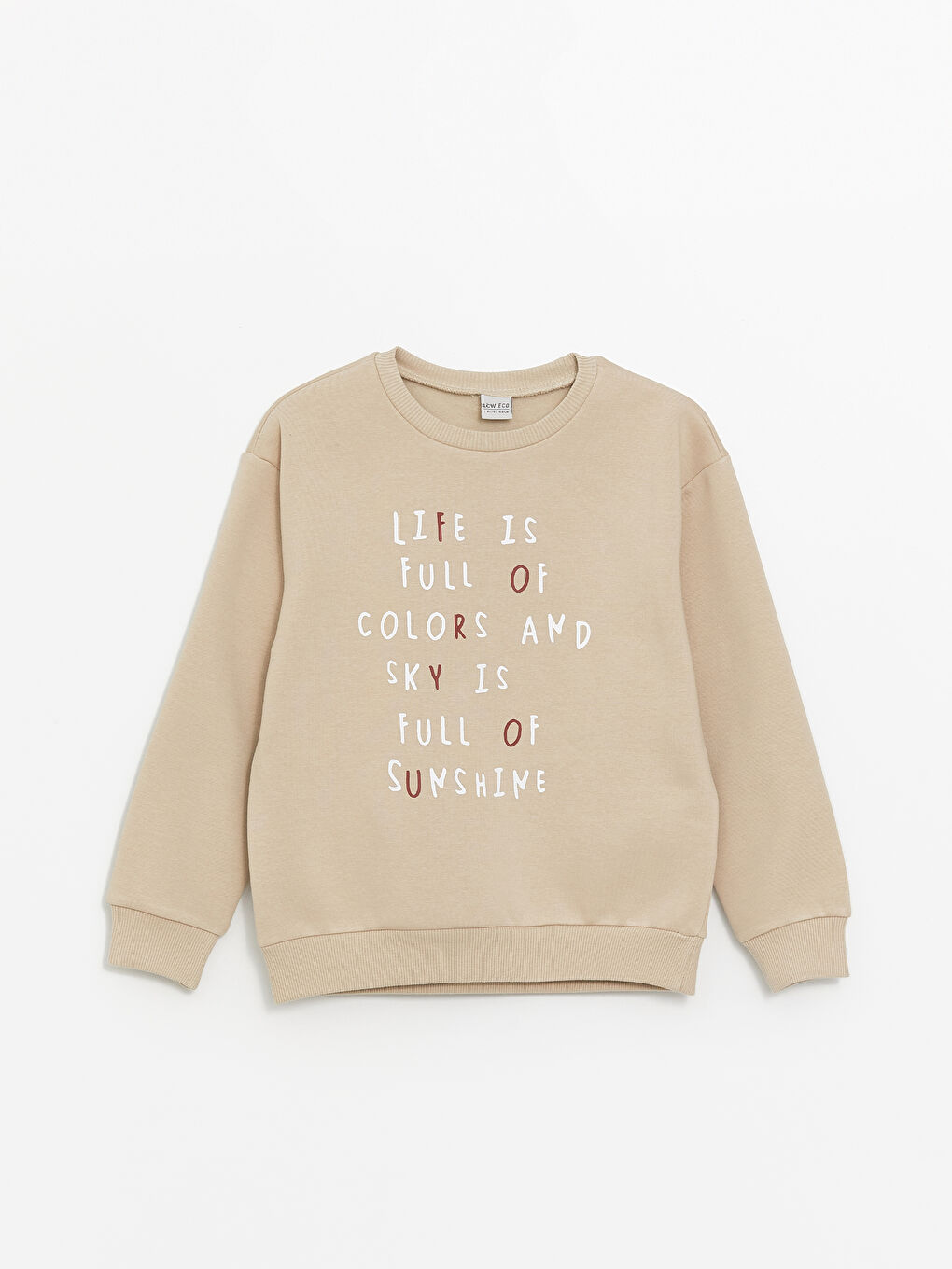 LCW ECO Bej Bisiklet Yaka Baskılı Uzun Kollu Kız Çocuk Sweatshirt