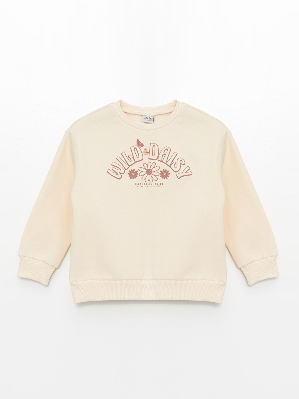 LCW ECO Ekru Bisiklet Yaka Baskılı Uzun Kollu Kız Çocuk Sweatshirt