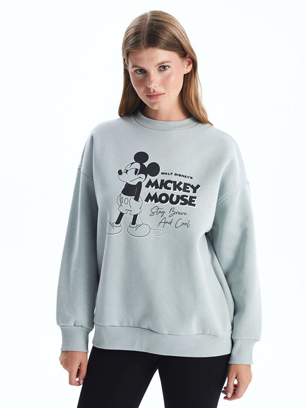 LCW Vision Açık Gri Bisiklet Yaka Mickey Mouse Baskılı Oversize Kadın Kalın Sweatshirt