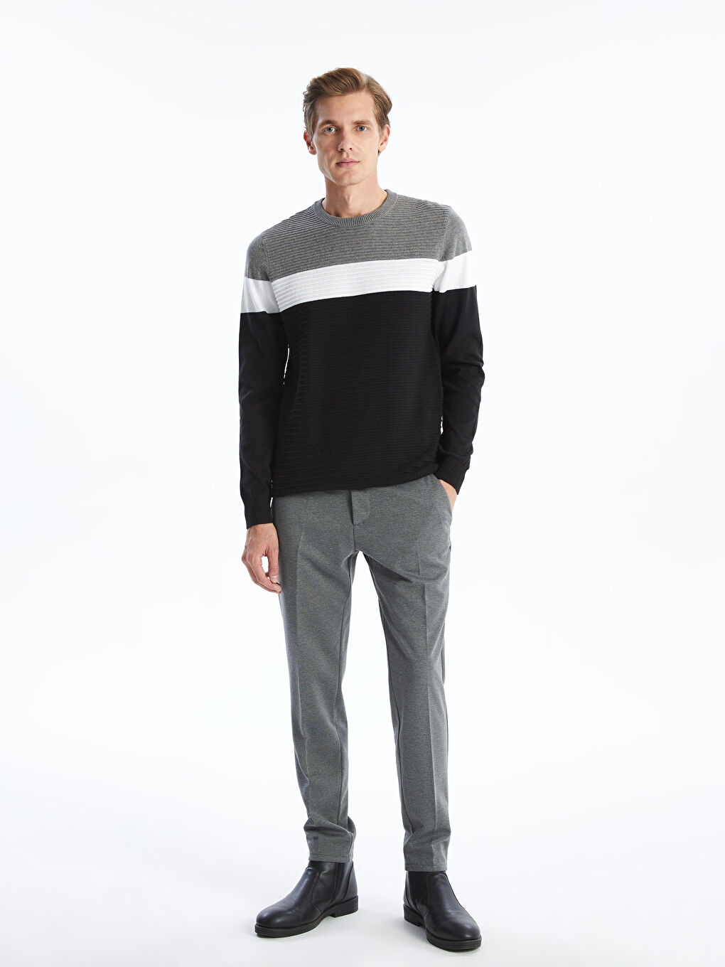 LCWAIKIKI Classic Crew Neck Long Sleeve Color Block Men's Knitwear Sweater -W4CI10Z8-CVL