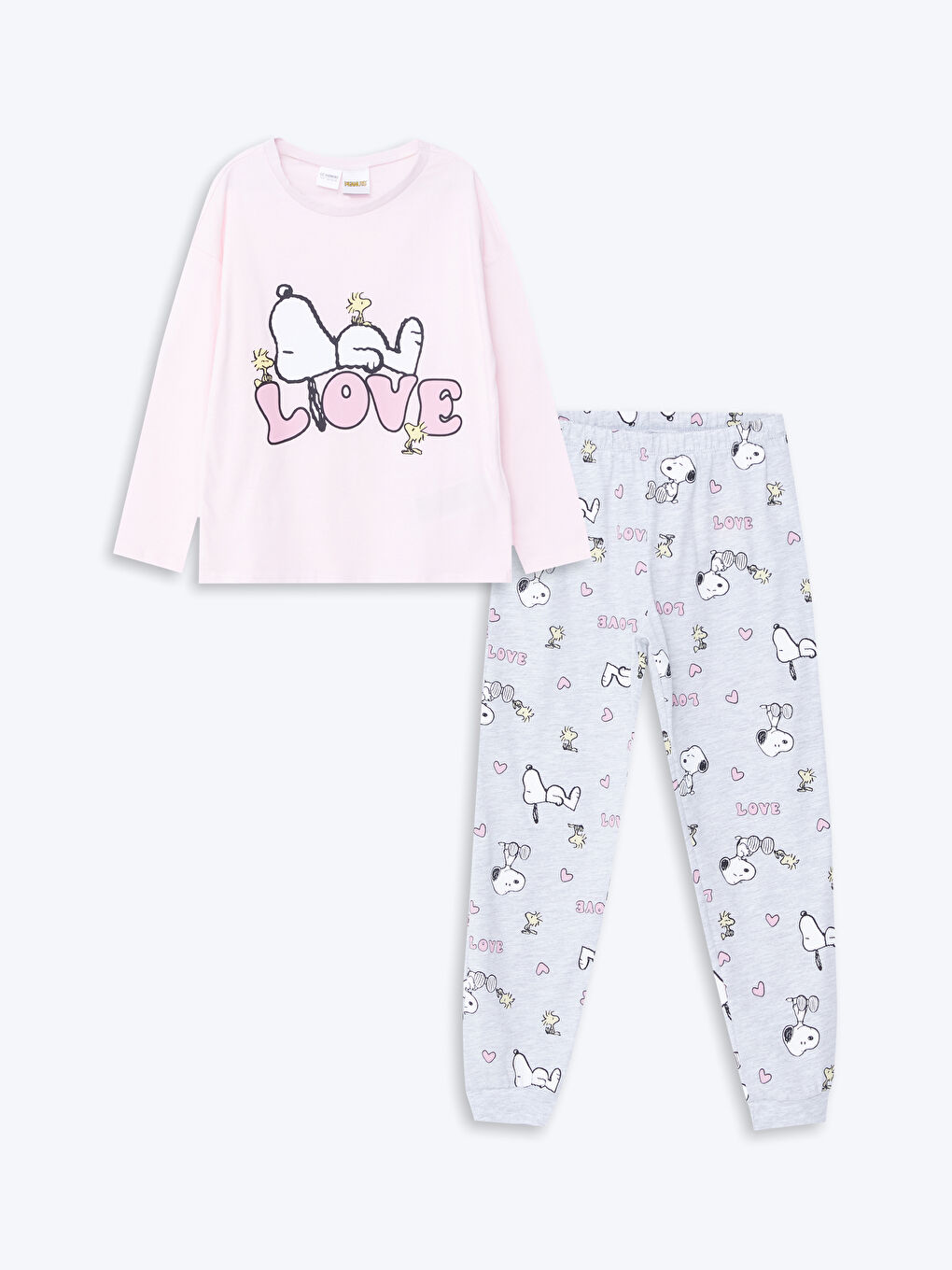 LCW Kids Pembe Bisiklet Yaka Snoopy Baskılı Uzun Kollu Kız Çocuk Pijama Takımı