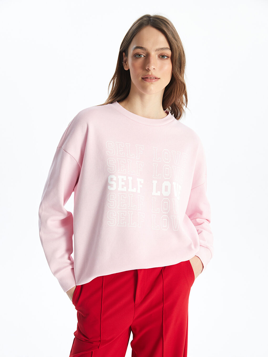 LCW ECO Açık Pembe Bisiklet Yaka Baskılı Uzun Kollu Oversize Kadın Kalın Sweatshirt