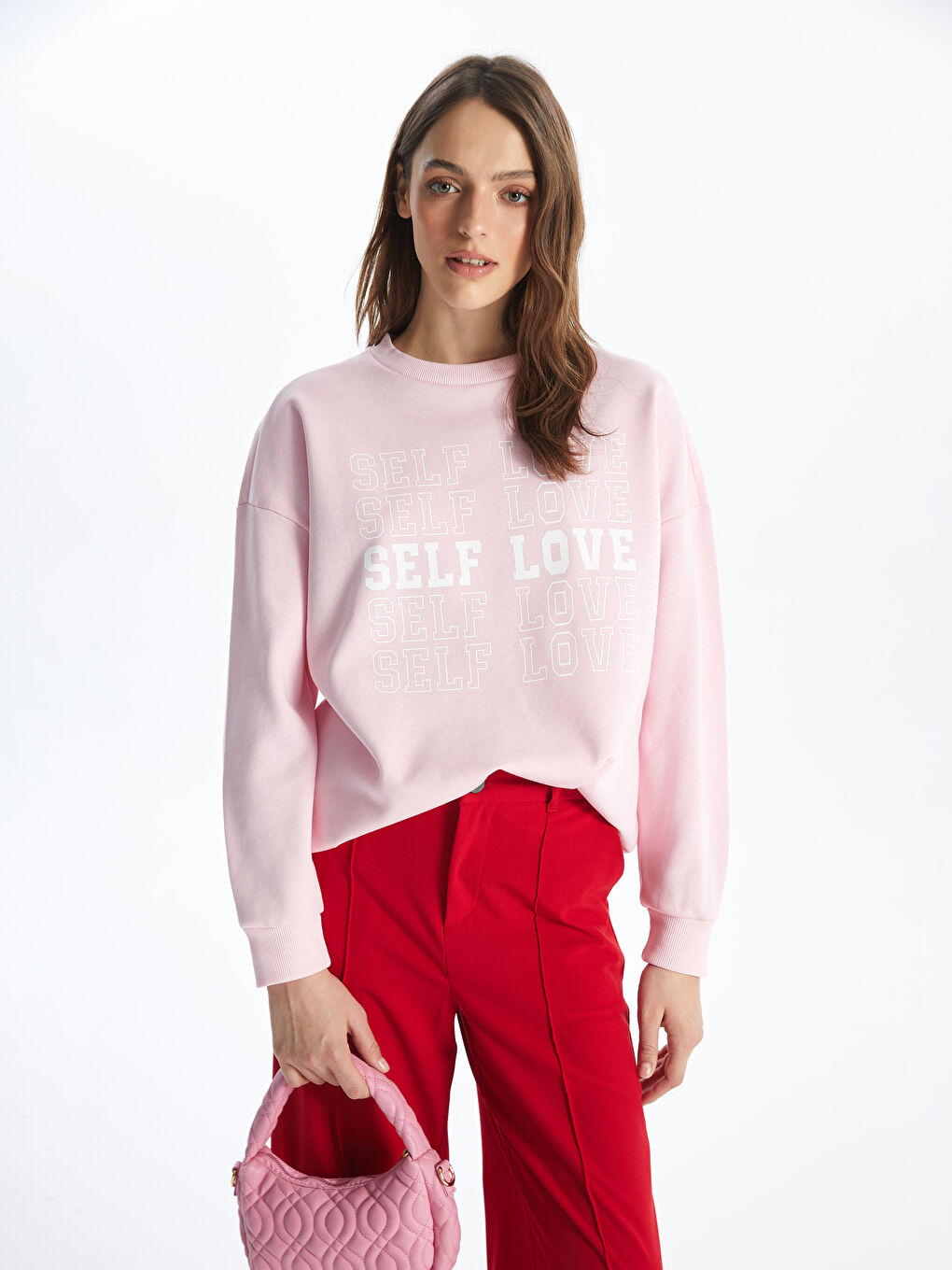 LCW ECO Açık Pembe Bisiklet Yaka Baskılı Uzun Kollu Oversize Kadın Kalın Sweatshirt - 1