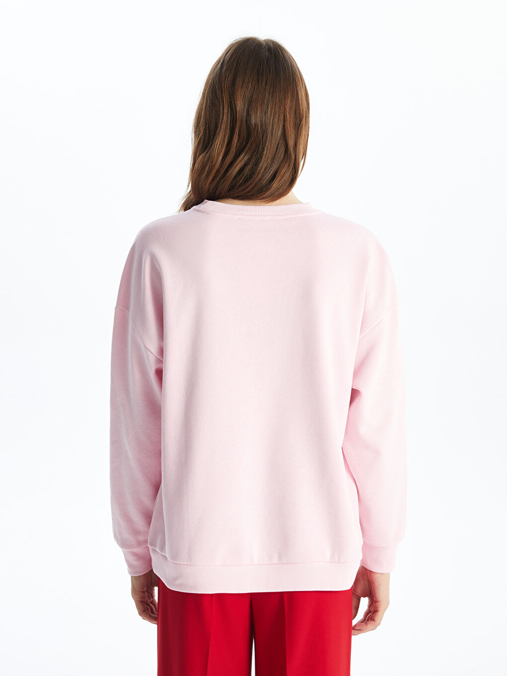 LCW ECO Açık Pembe Bisiklet Yaka Baskılı Uzun Kollu Oversize Kadın Kalın Sweatshirt - 4