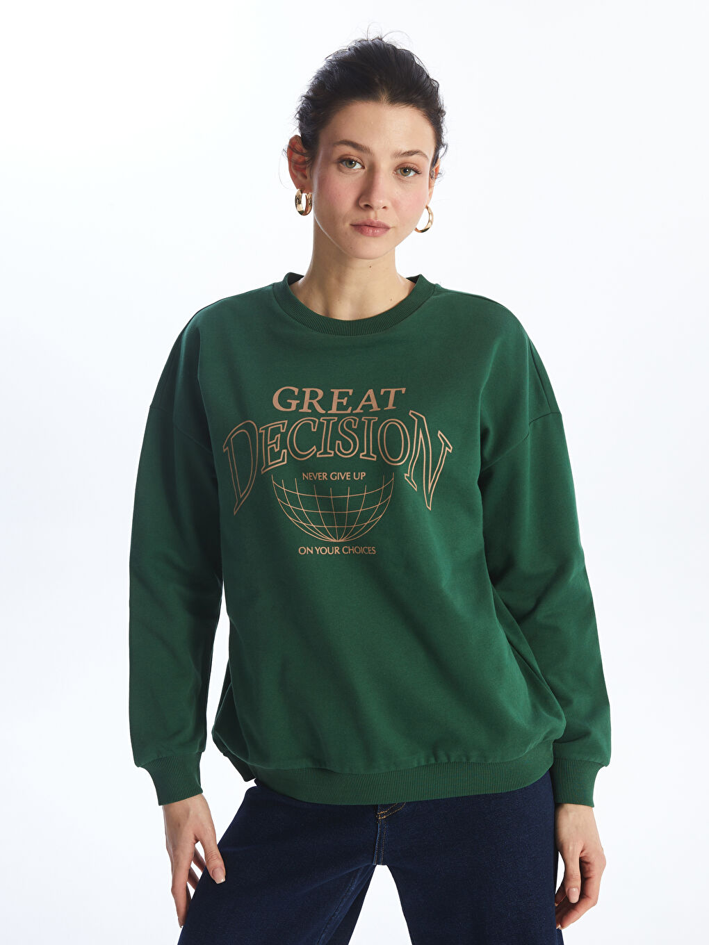 LCW ECO Yeşil Bisiklet Yaka Baskılı Uzun Kollu Oversize Kadın Kalın Sweatshirt