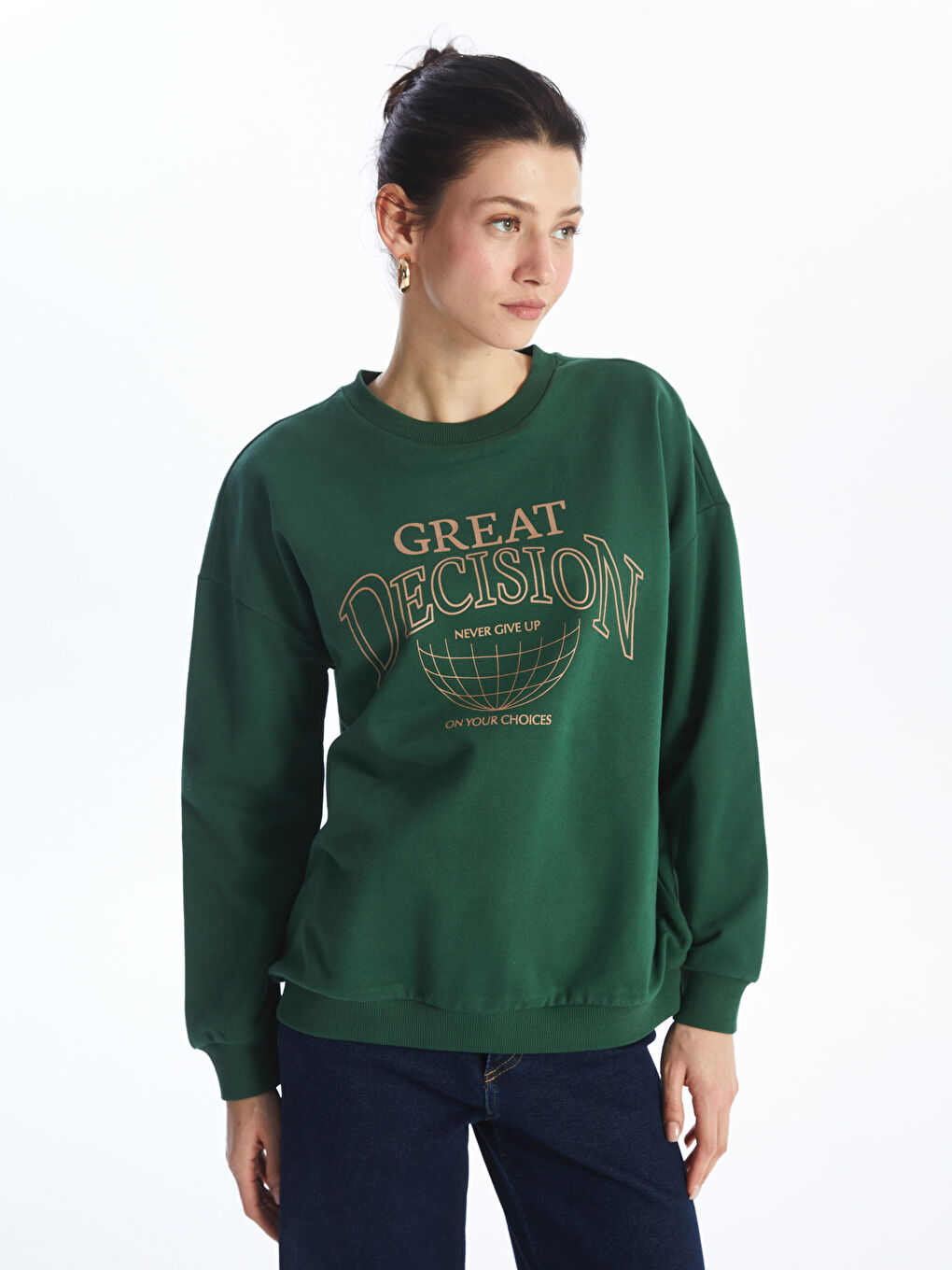 LCW ECO Yeşil Bisiklet Yaka Baskılı Uzun Kollu Oversize Kadın Kalın Sweatshirt - 1