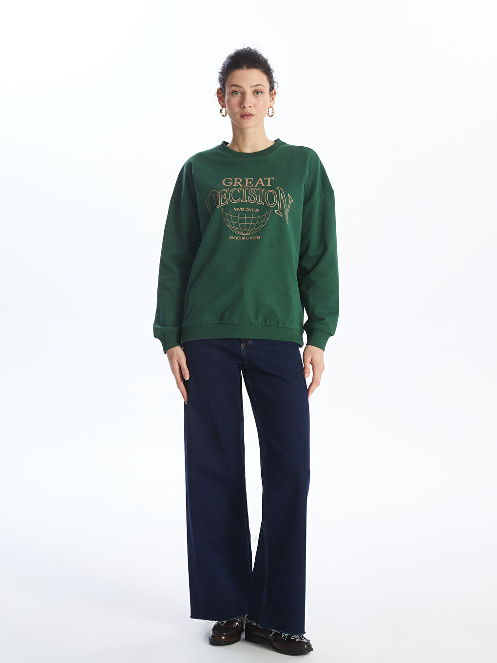 LCW ECO Yeşil Bisiklet Yaka Baskılı Uzun Kollu Oversize Kadın Kalın Sweatshirt - 2