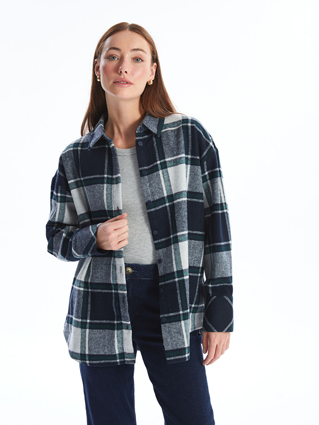 პლედი ოვერსაიზ ქალებისთვის ფლანელის პერანგი ქურთუკი