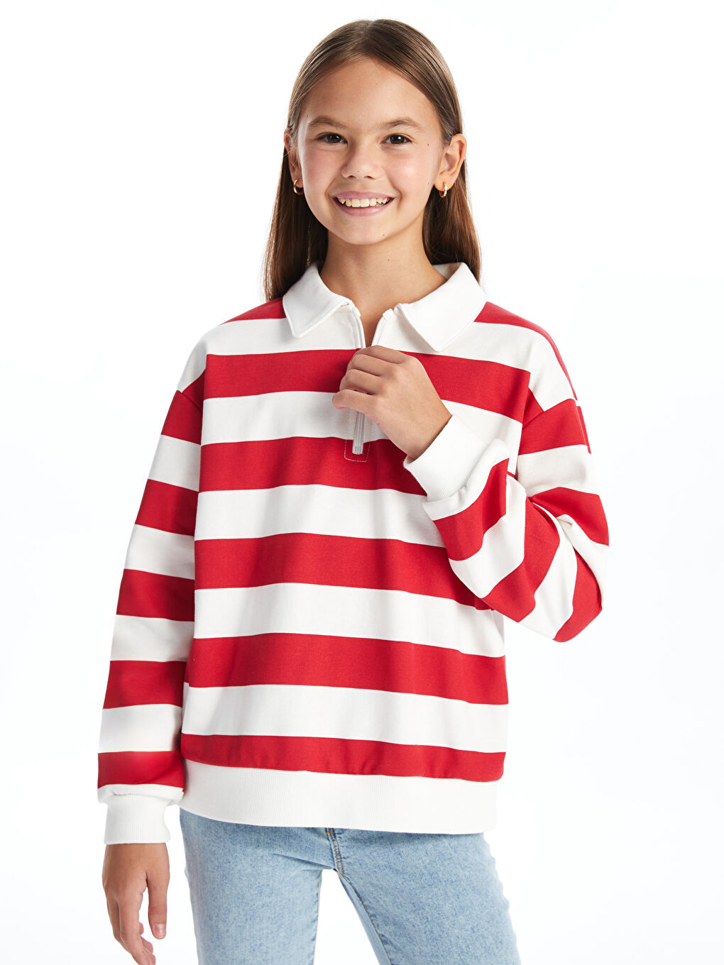 LCW Kids Kırmızı Polo Yaka Kız Çocuk Kalın Sweatshirt