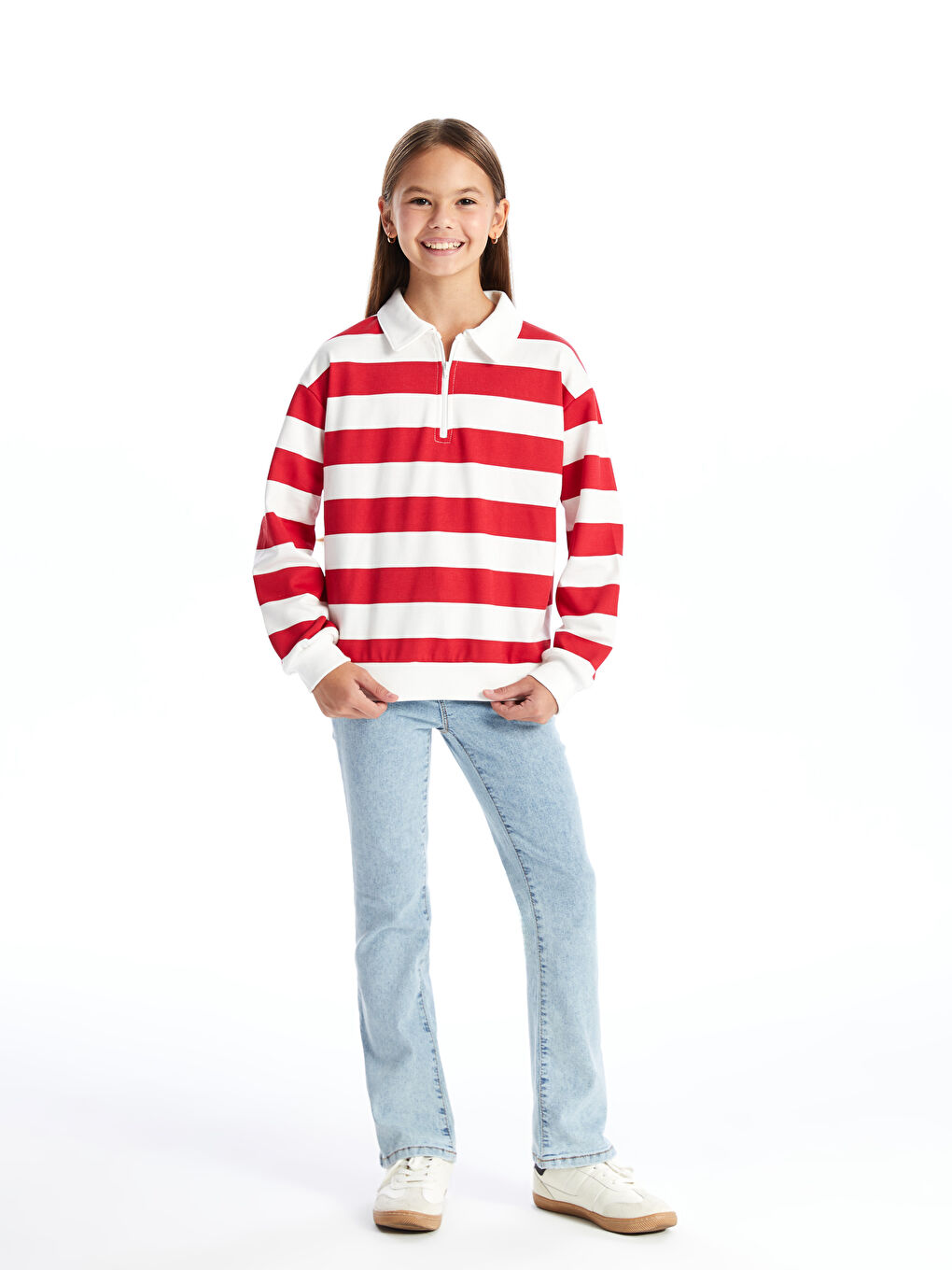 LCW Kids Kırmızı Polo Yaka Kız Çocuk Kalın Sweatshirt - 1