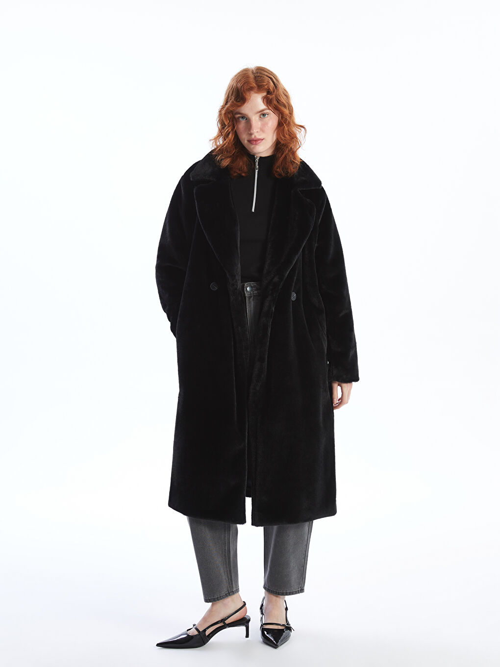 LCW Vision Jacket Lapel Collar Long Sleeve Plush Women's Coat -W4CK26Z8-CVL