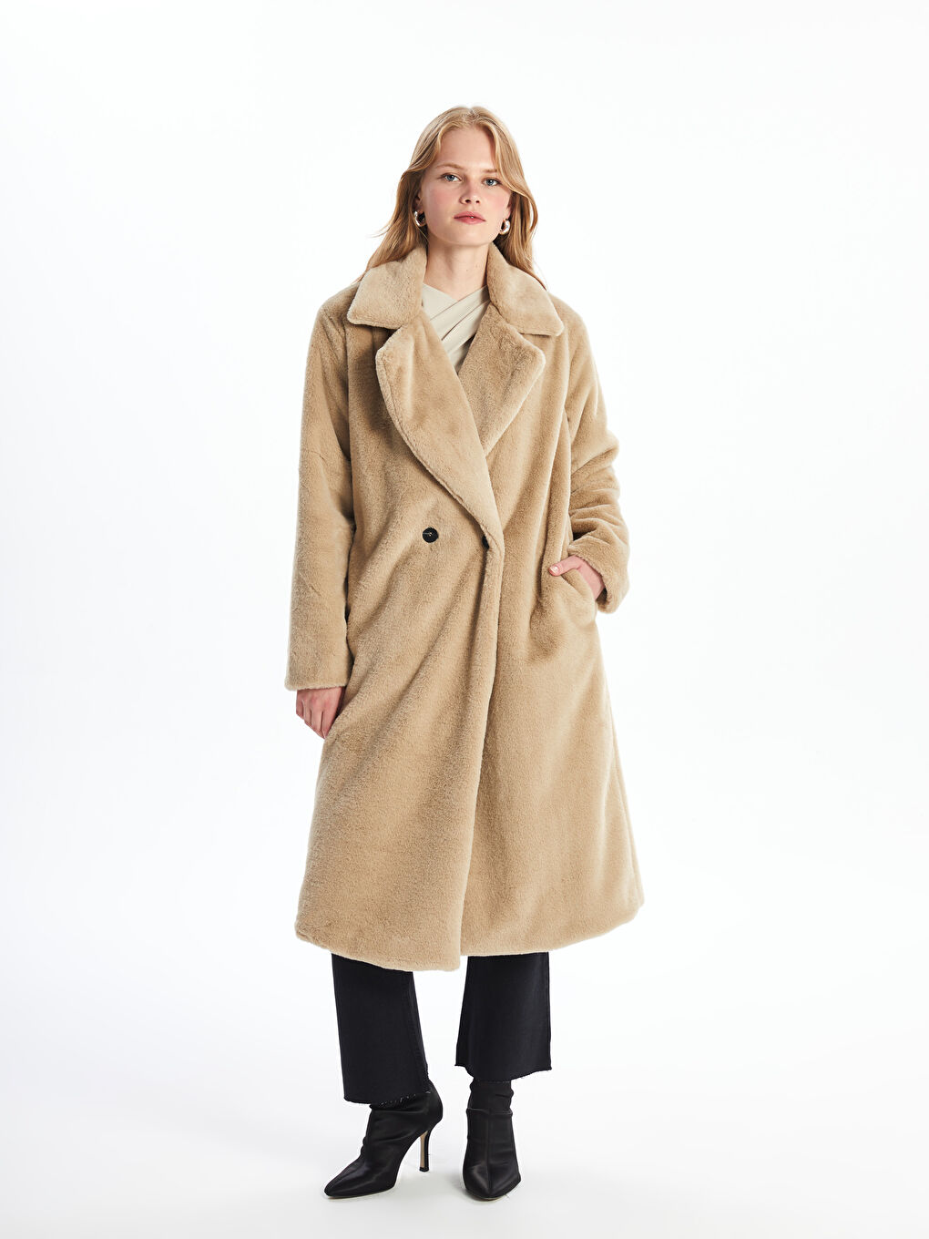 LCW Vision Jacket Lapel Collar Long Sleeve Plush Women's Coat -W4CK26Z8-V8W