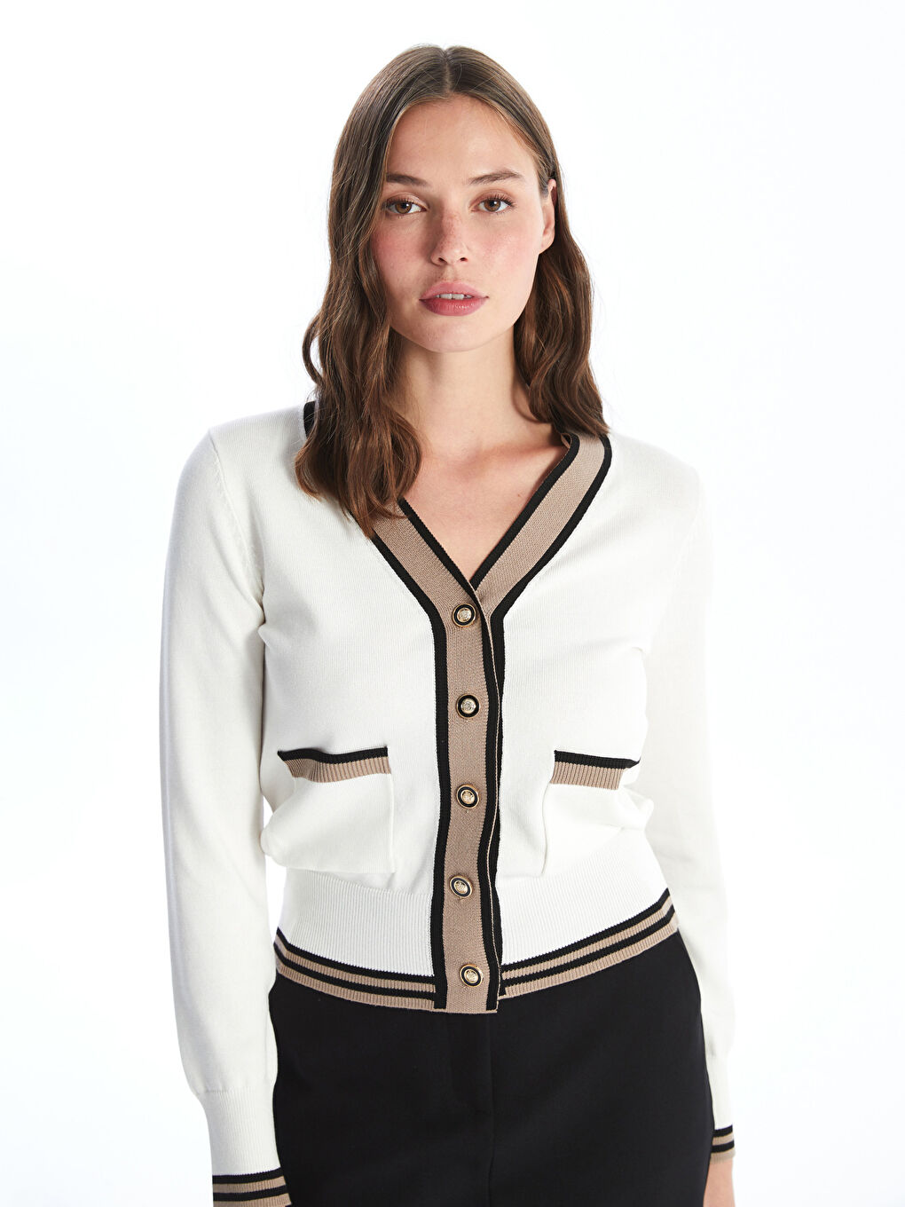 V Neck Patterned Women's Knitwear Cardigan-1