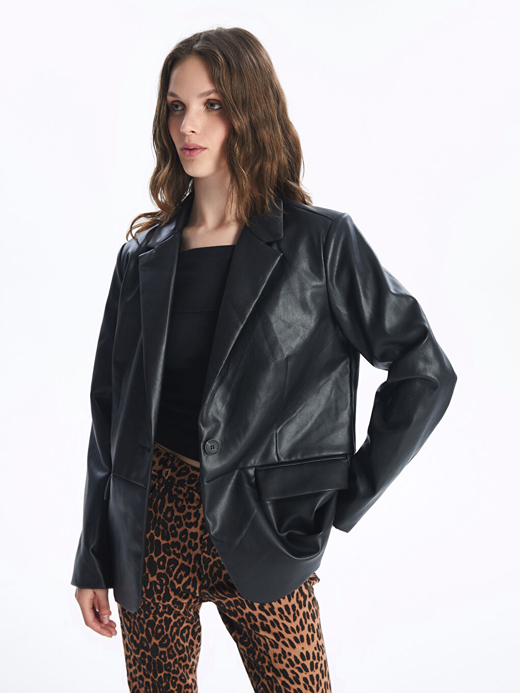 LC Waikiki Collared Neck Women's Faux Leather Jacket -W4CM17Z8-CVL