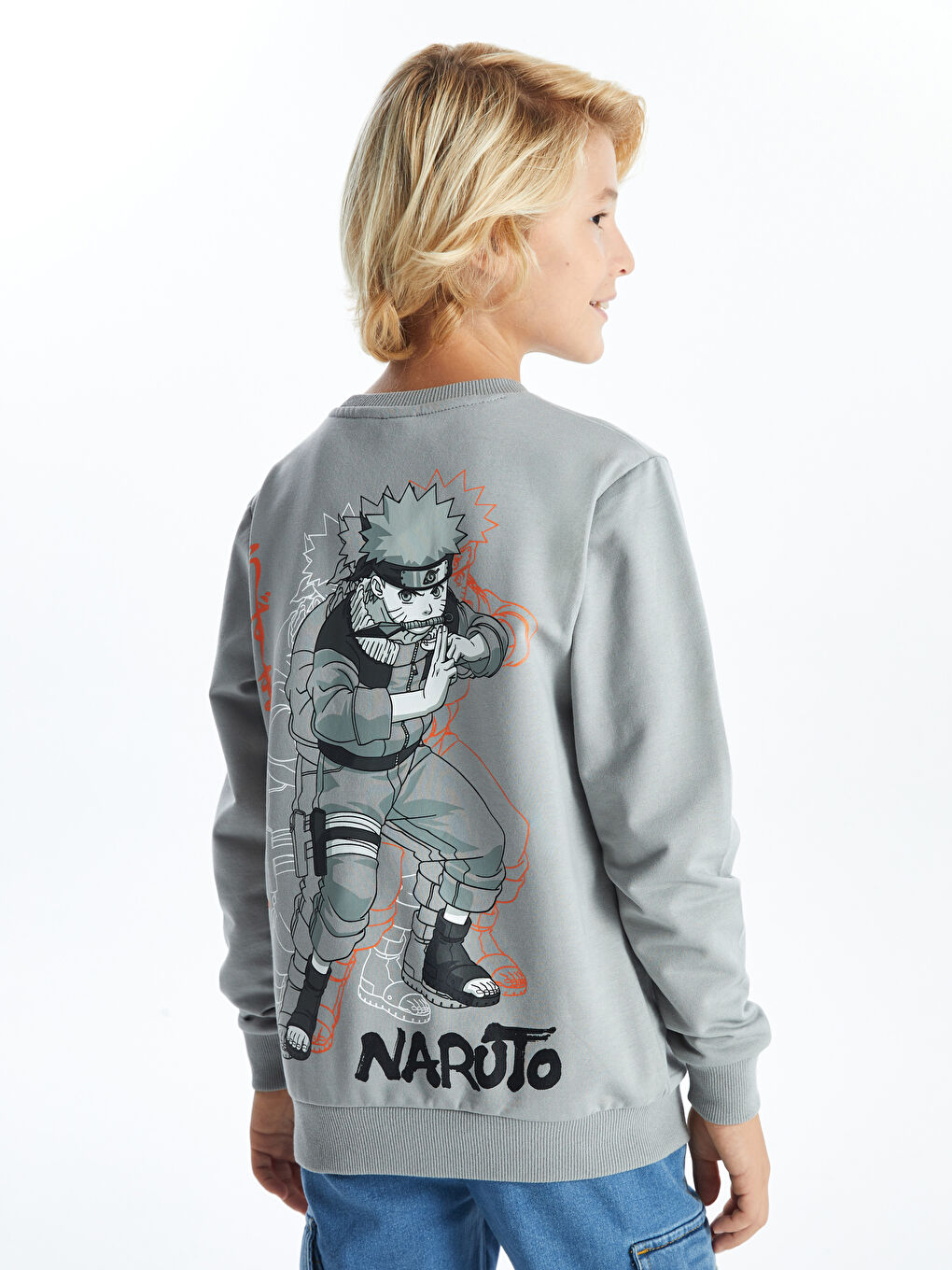 LCW Kids Gri Bisiklet Yaka Naruto Baskılı Uzun Kollu Erkek Çocuk Sweatshirt