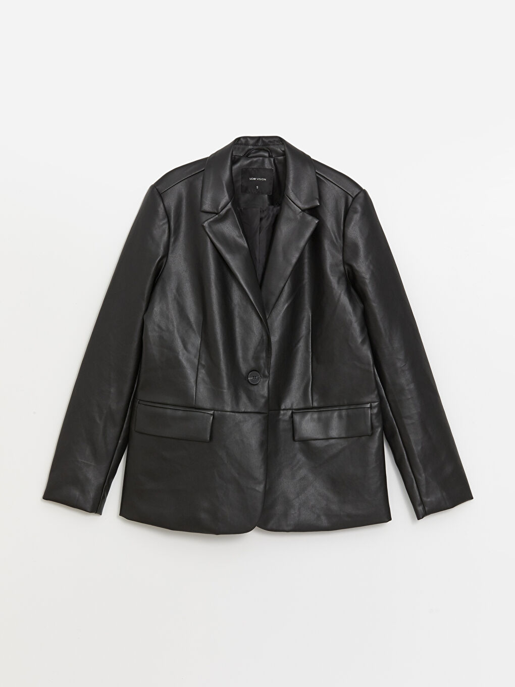 Siyah Düz Uzun Kollu Deri Görünümlü Kadın Blazer Ceket-7