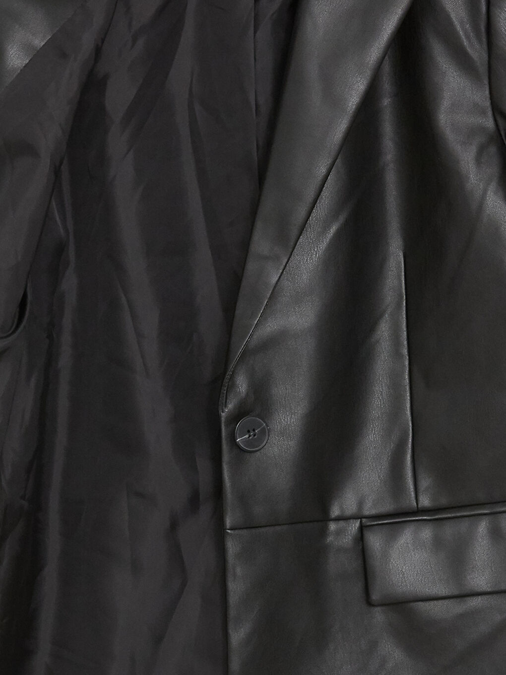 Siyah Düz Uzun Kollu Deri Görünümlü Kadın Blazer Ceket-9