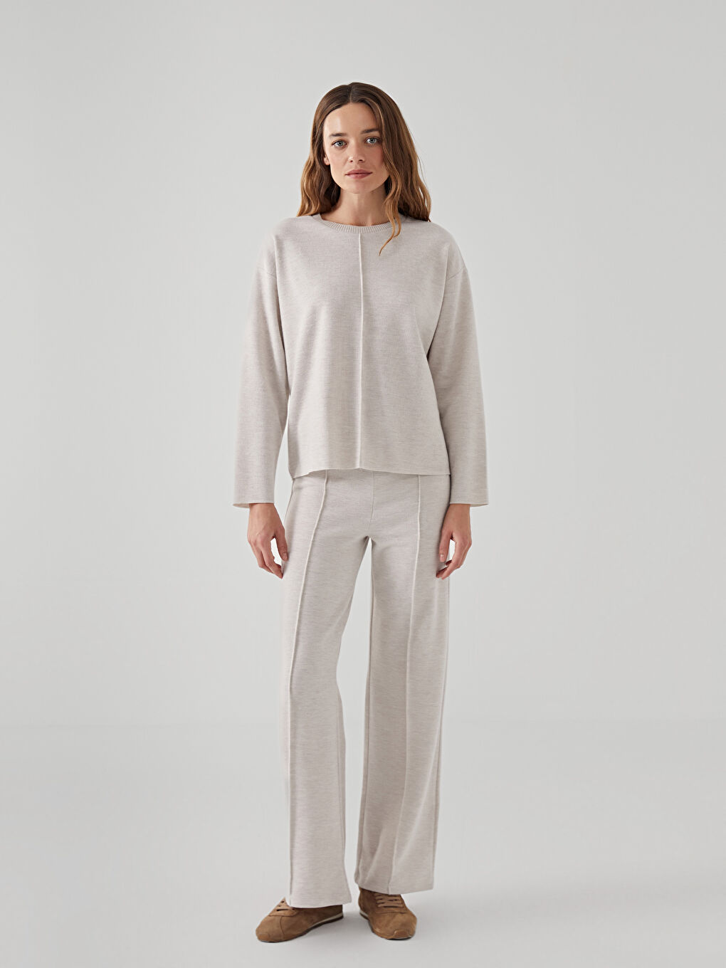 Bej Bisiklet Yaka Kadın Triko Kazak-1