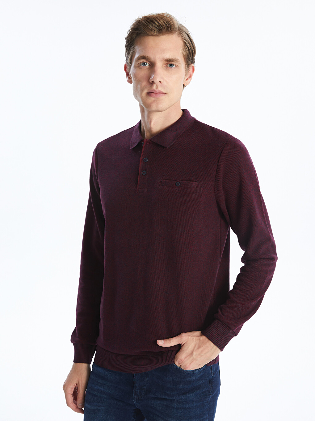 Bordo Polo Yaka Uzun Kollu Erkek Sweatshirt