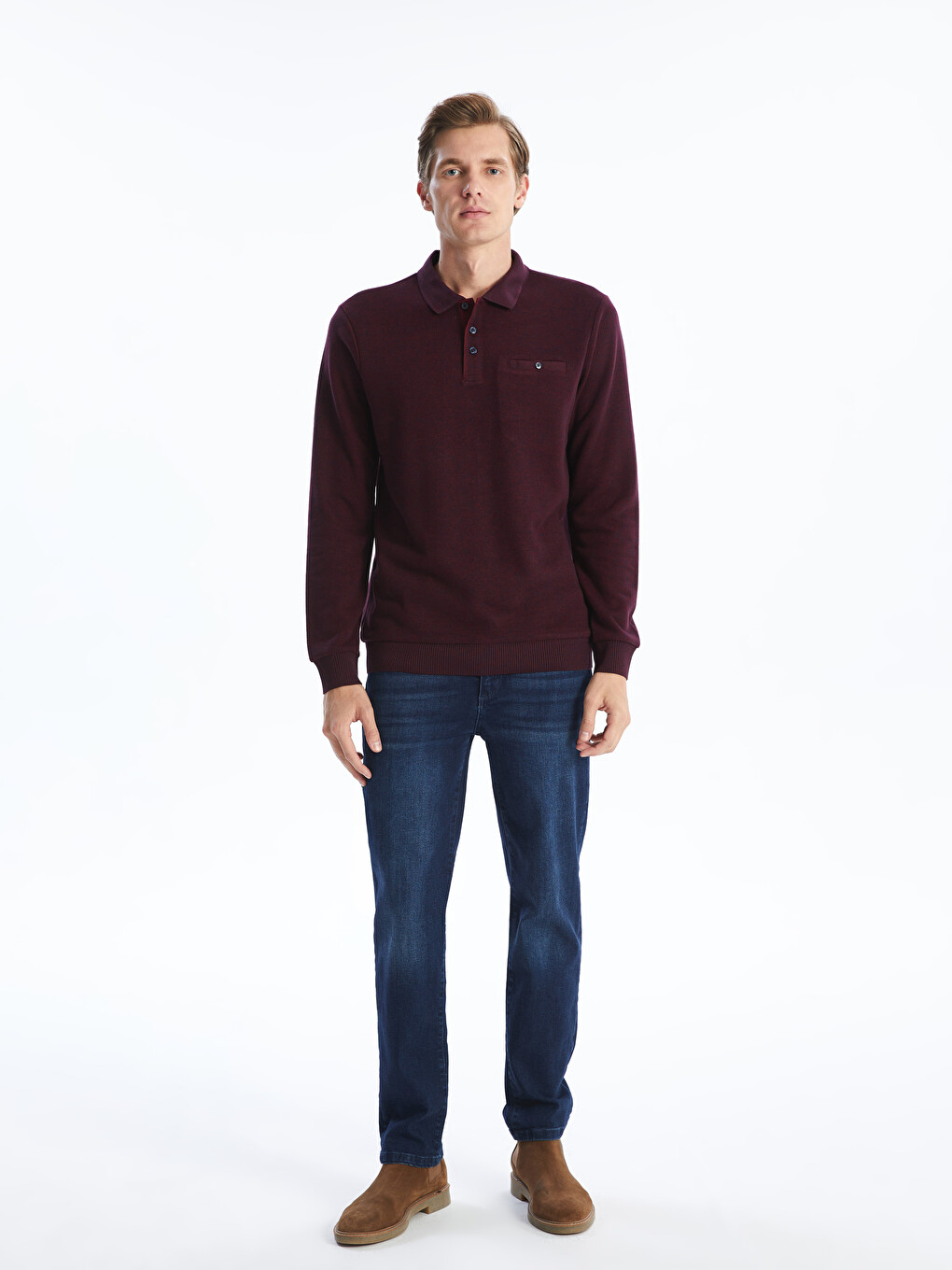 Bordo Polo Yaka Uzun Kollu Erkek Sweatshirt-1