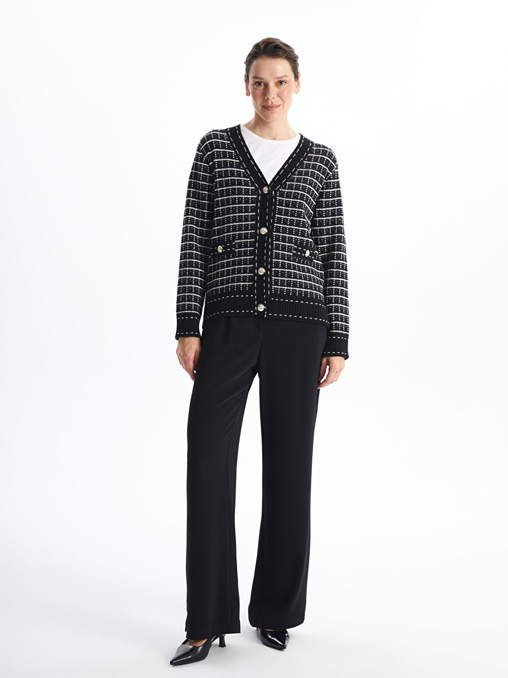 V Neck Plaid Women's Knitwear Cardigan-1