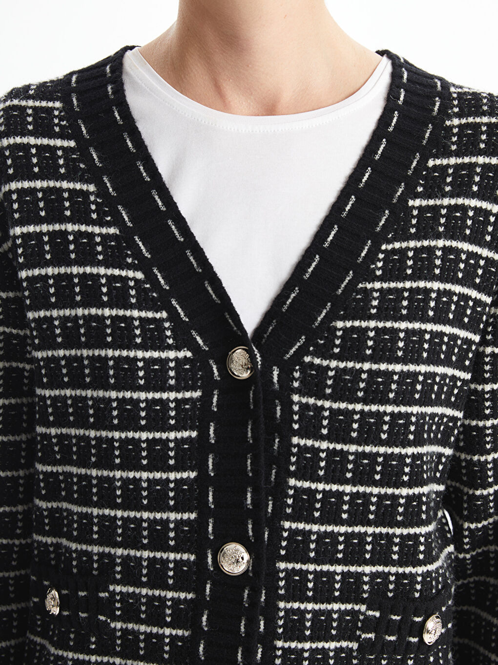 V Neck Plaid Women's Knitwear Cardigan-2