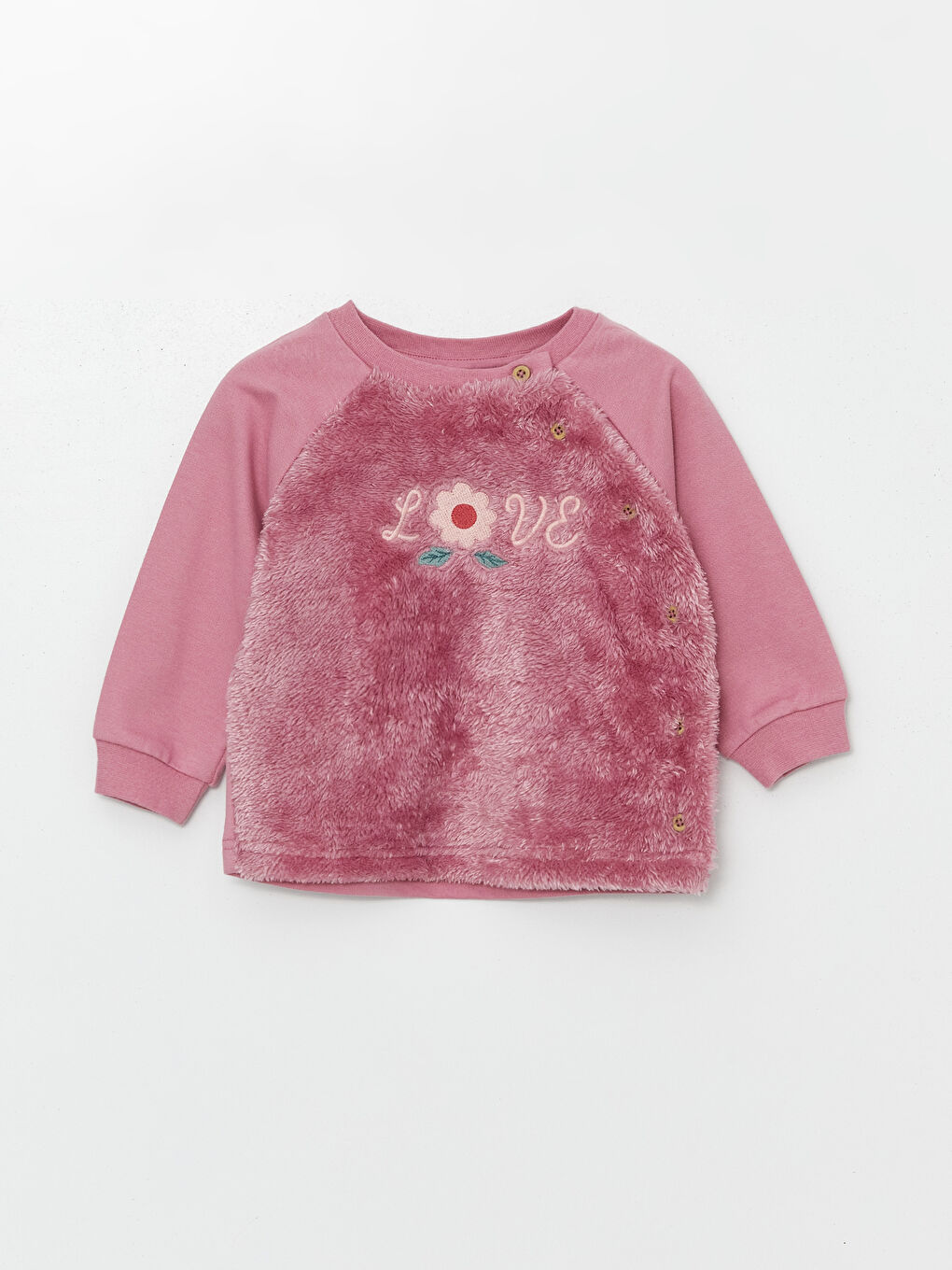 Pembe Pelüş Çiçekli Kız Bebek Sweatshirt