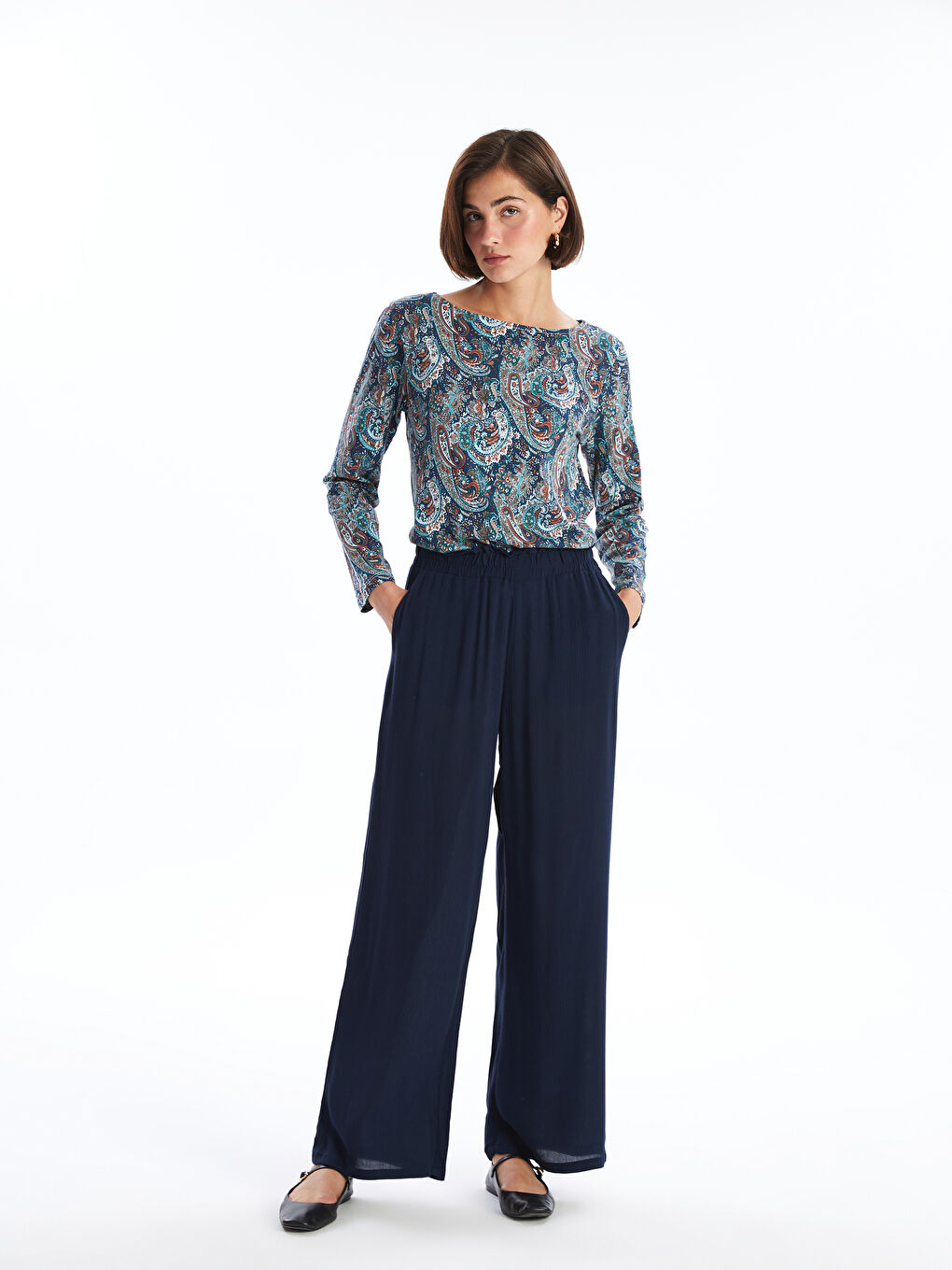 Elastic Waist Wide Leg Women's Trousers