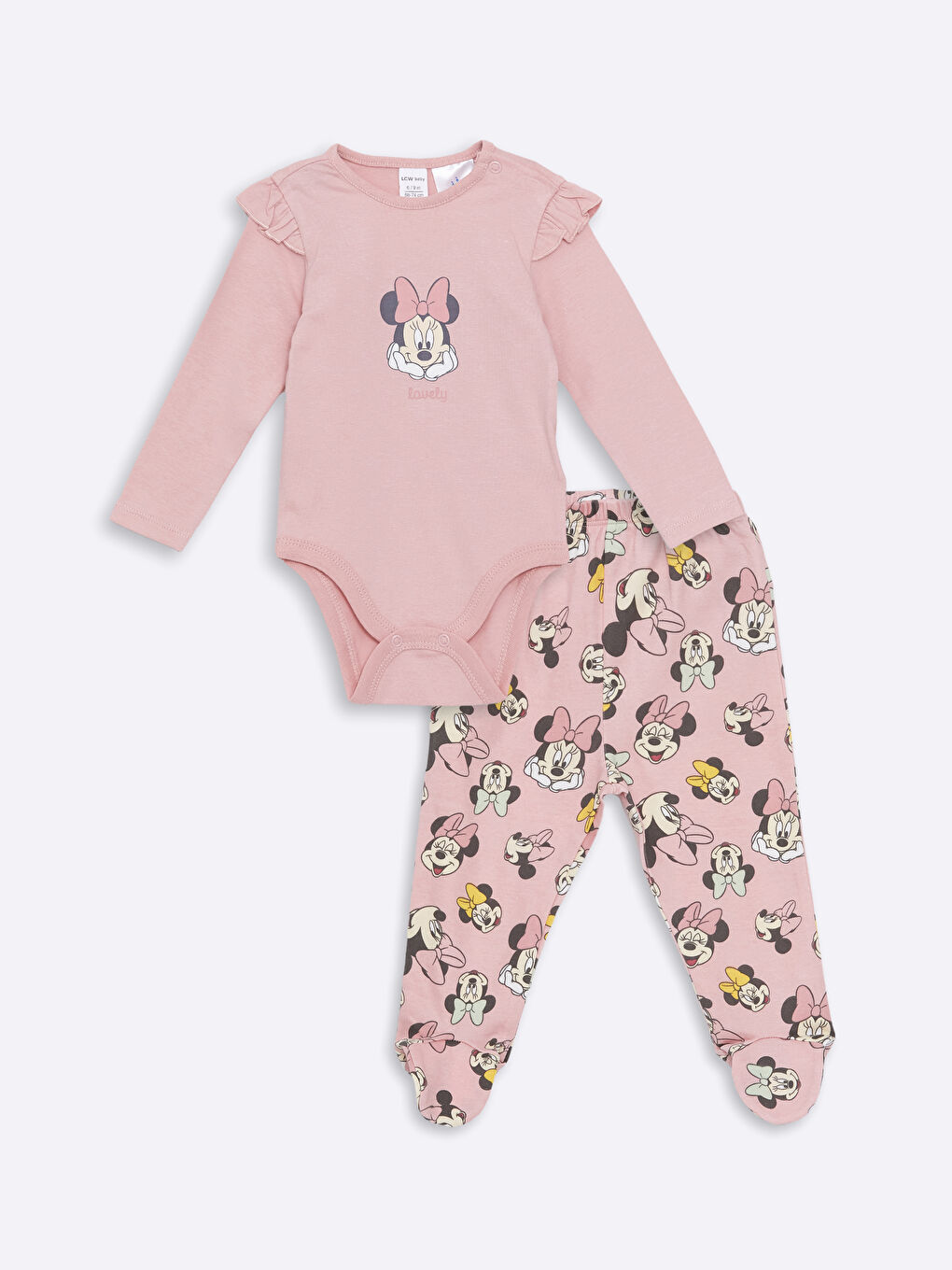 LCW baby Pembe Bisiklet Yaka Minnie Mouse Baskılı Kız Bebek Çıtçıtlı Body ve Pantolon 2'li Takım