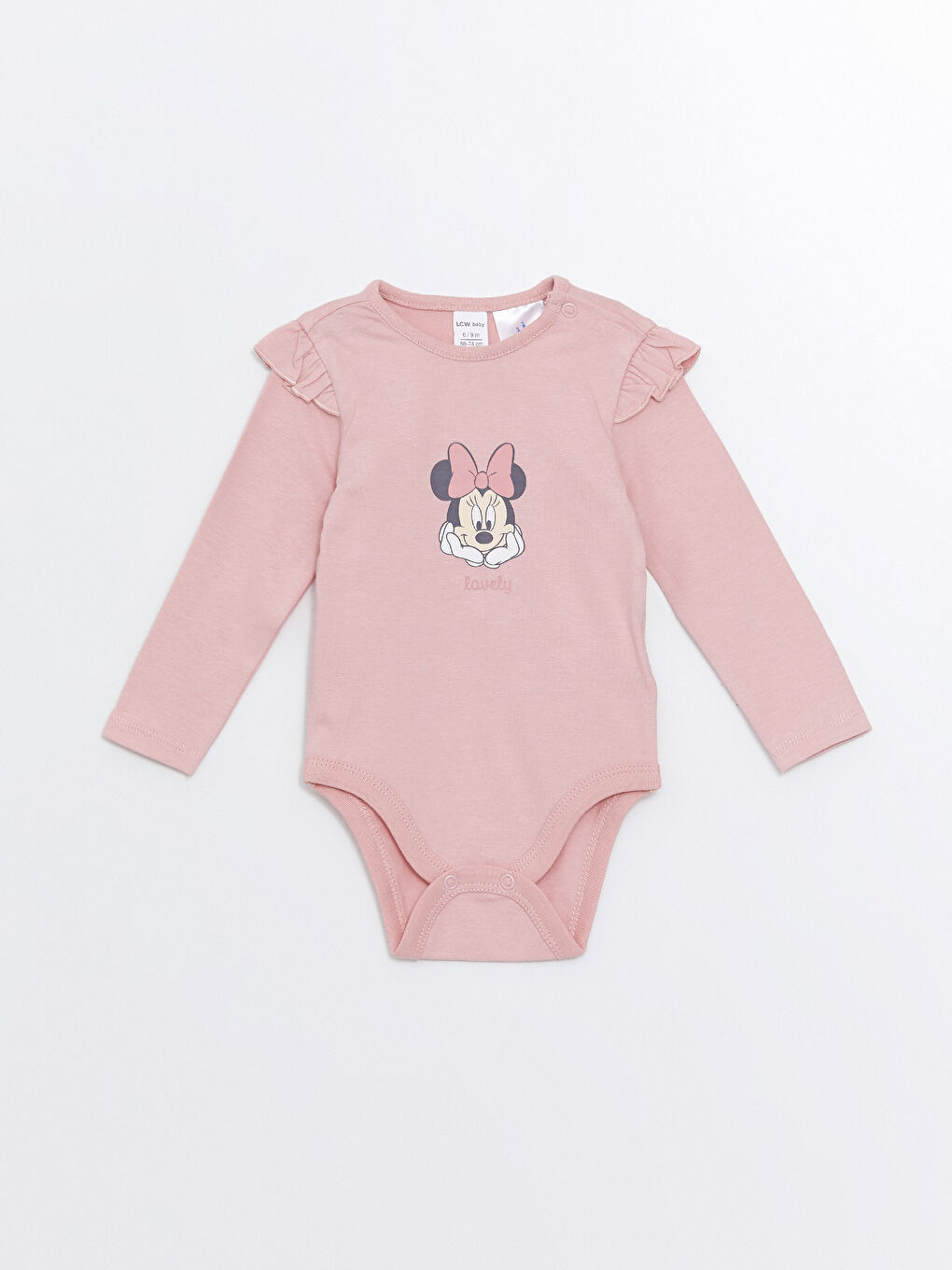 LCW baby Pembe Bisiklet Yaka Minnie Mouse Baskılı Kız Bebek Çıtçıtlı Body ve Pantolon 2'li Takım - 1