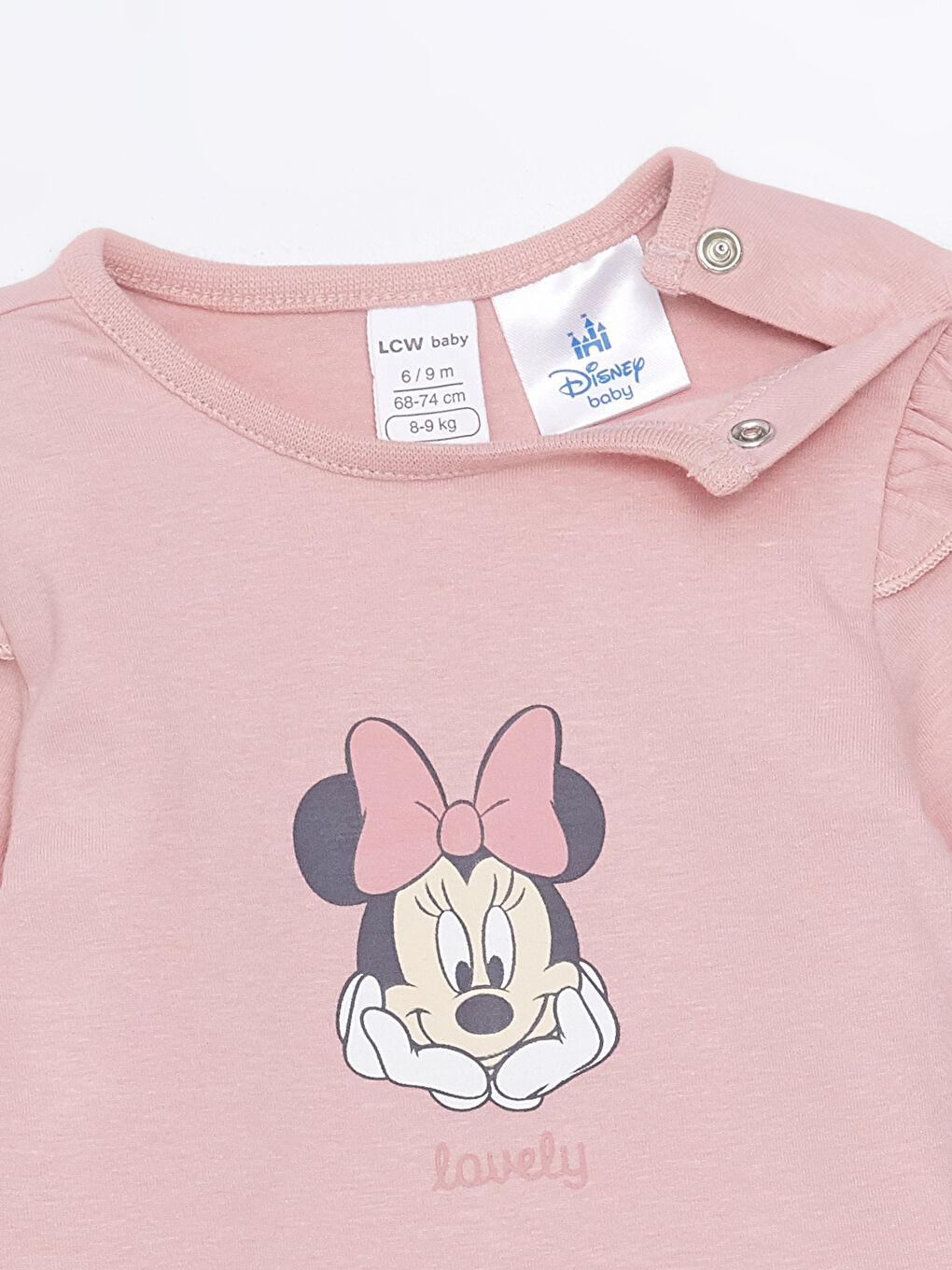 LCW baby Pembe Bisiklet Yaka Minnie Mouse Baskılı Kız Bebek Çıtçıtlı Body ve Pantolon 2'li Takım - 2