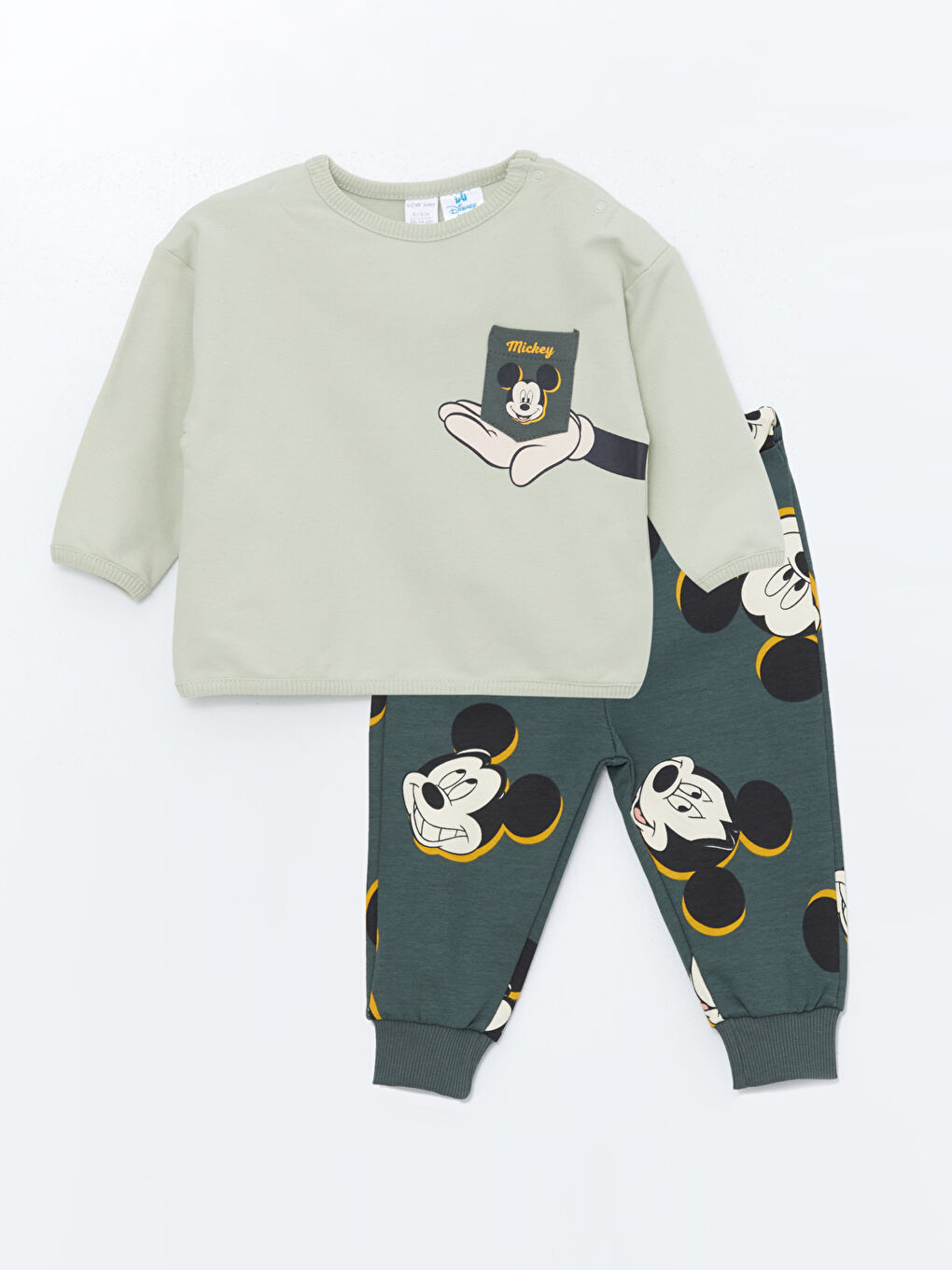 LCW baby Açık Nane Yeşili Bisiklet Yaka Mickey Mouse Baskılı Erkek Bebek Sweatshirt ve Eşofman Alt 2'li Takım