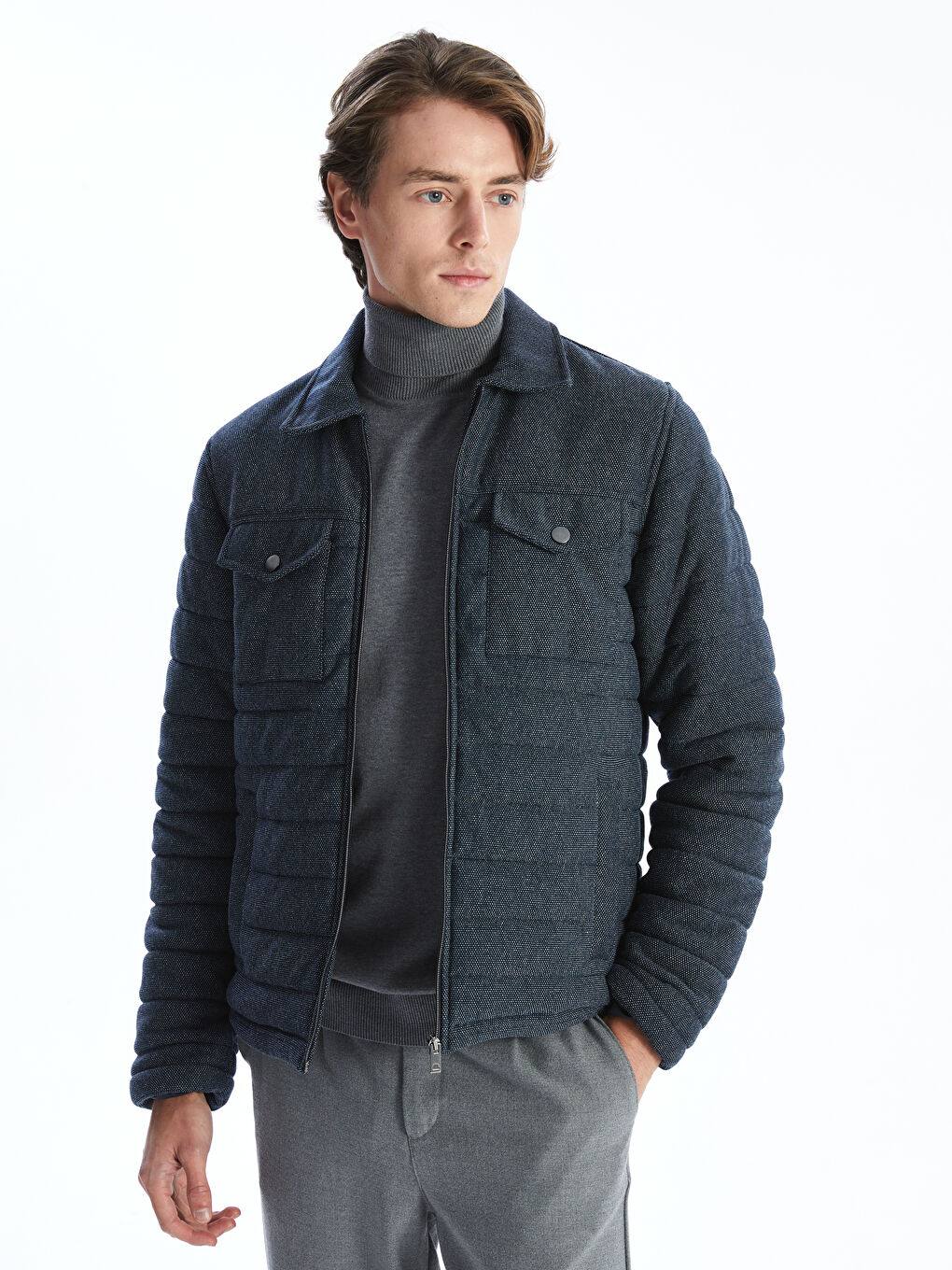 Lacivert Slim Fit Gömlek Yaka Erkek Mont