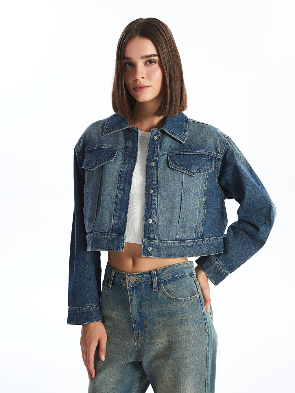 LCW Vision Veste en Jean Surdimensionnée et Courte pour Femmes -W4CU07Z8-JVU