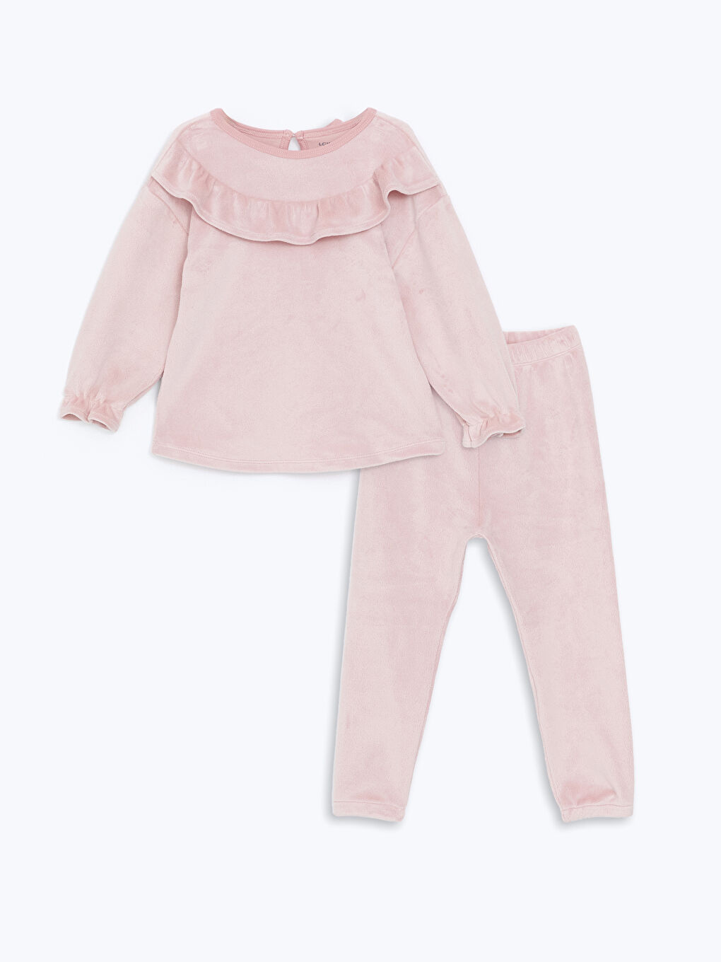 LCW baby Pembe Bisiklet Yaka Kadife Kız Bebek Pijama Takımı