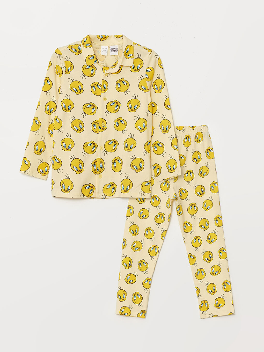 LCW baby Açık Sarı Baskılı Polo Yaka Tweety Baskılı Kız Bebek Pijama Takımı